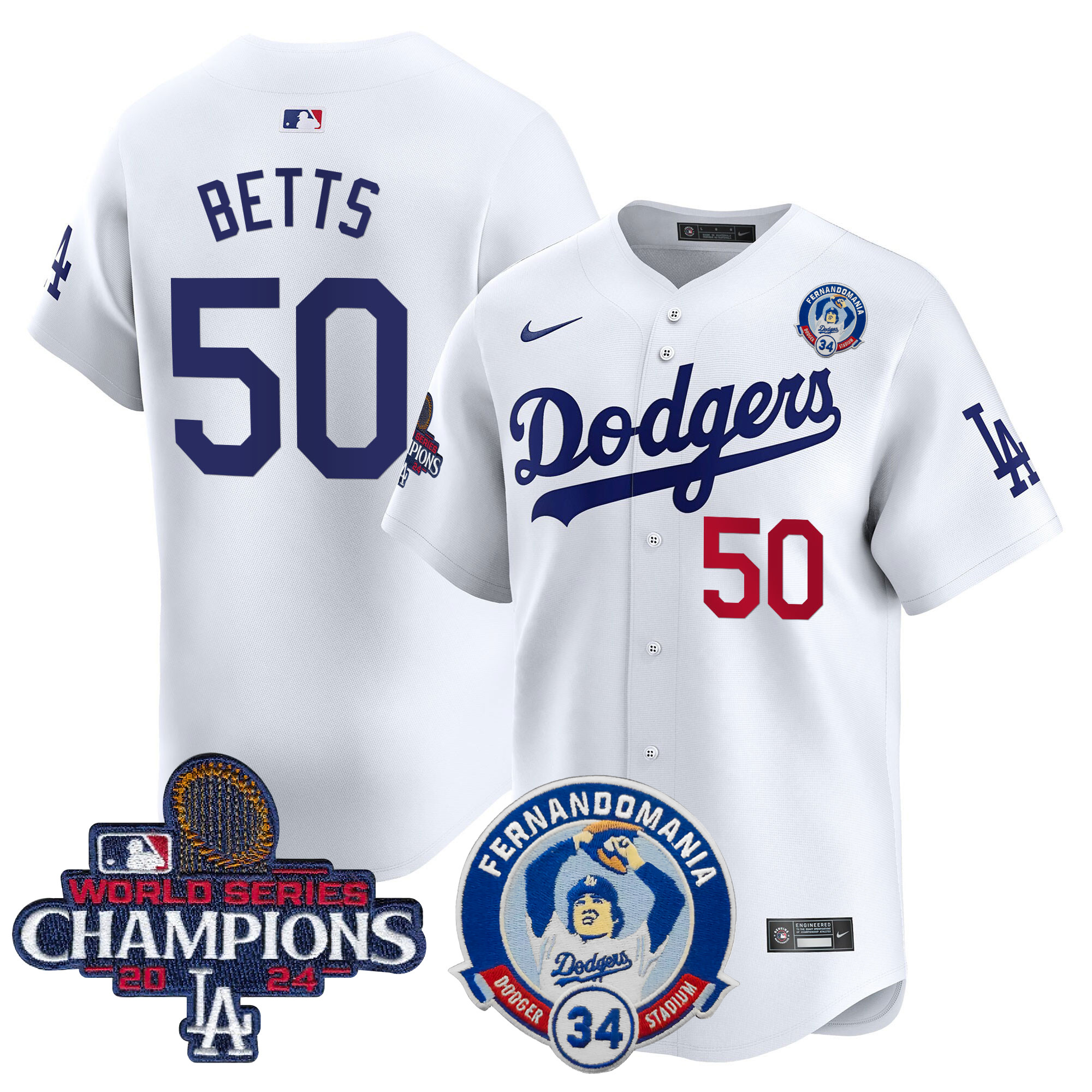 Mookie Betts Men's Los Angeles Dodgers Fernando & 2024 World Series Champions Patch Vapor Premier Limited White Jersey V2 - All Stitched