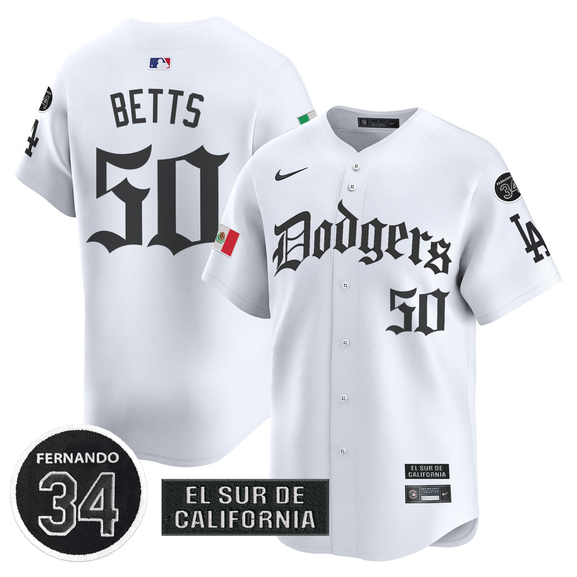 Mookie Betts Men's Los Angeles Dodgers Mexico 2025 LA Gothic Style Vapor Premier Limited White Jersey V2 - All Stitched