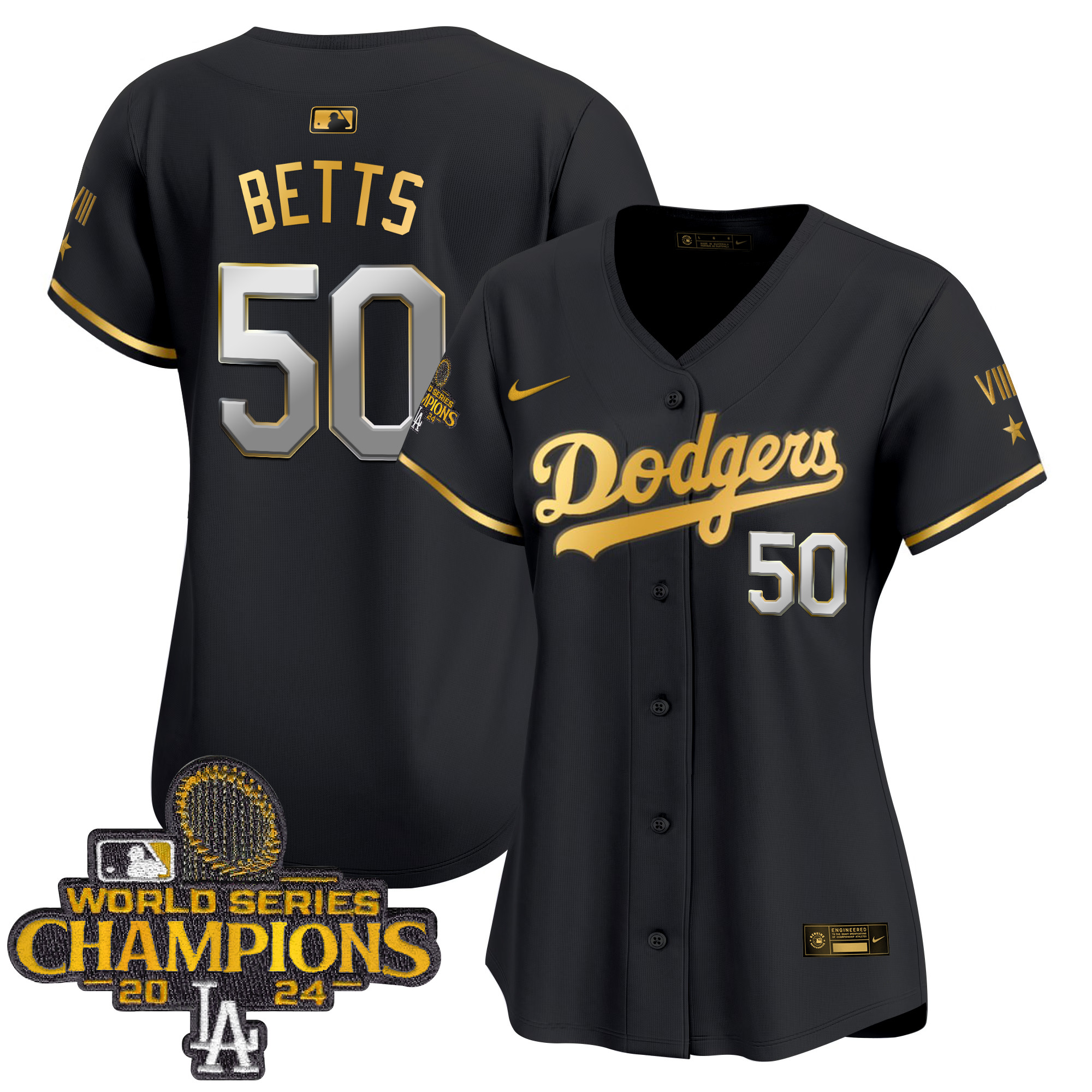 Mookie Betts Women's Los Angeles Dodgers 2024 World Series Champions Gold Trim Vapor Premier Limited Black Gold Jersey - All Stitched