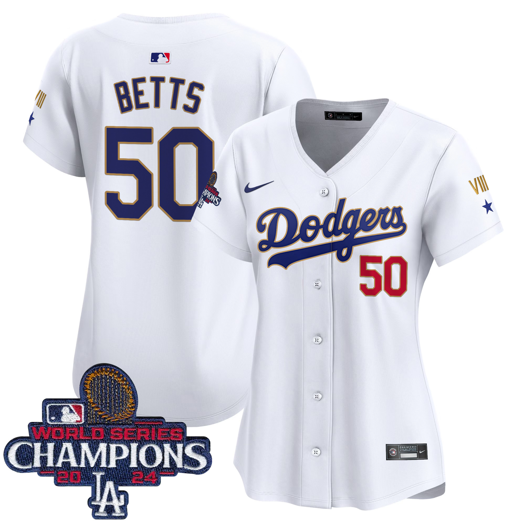 Mookie Betts Women's Los Angeles Dodgers 2024 World Series Champions Gold Trim Vapor Premier Limited White Jersey - All Stitched