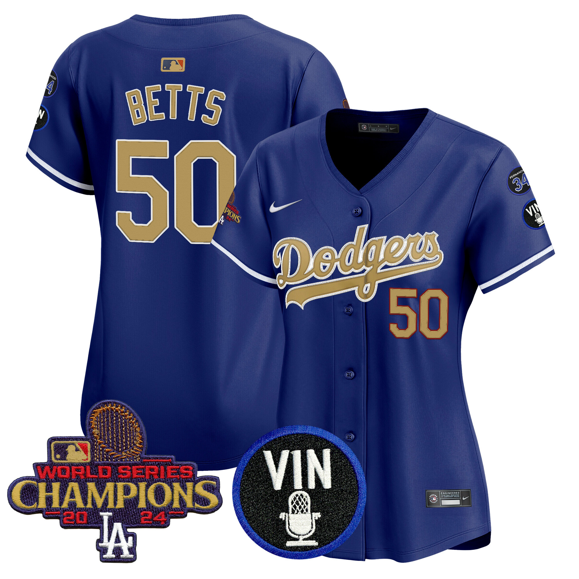 Mookie Betts Women's Los Angeles Dodgers 2025 Vin Scully & #34 Fernando Patch Gold Vapor Premier Limited Royal Jersey - All Stitched