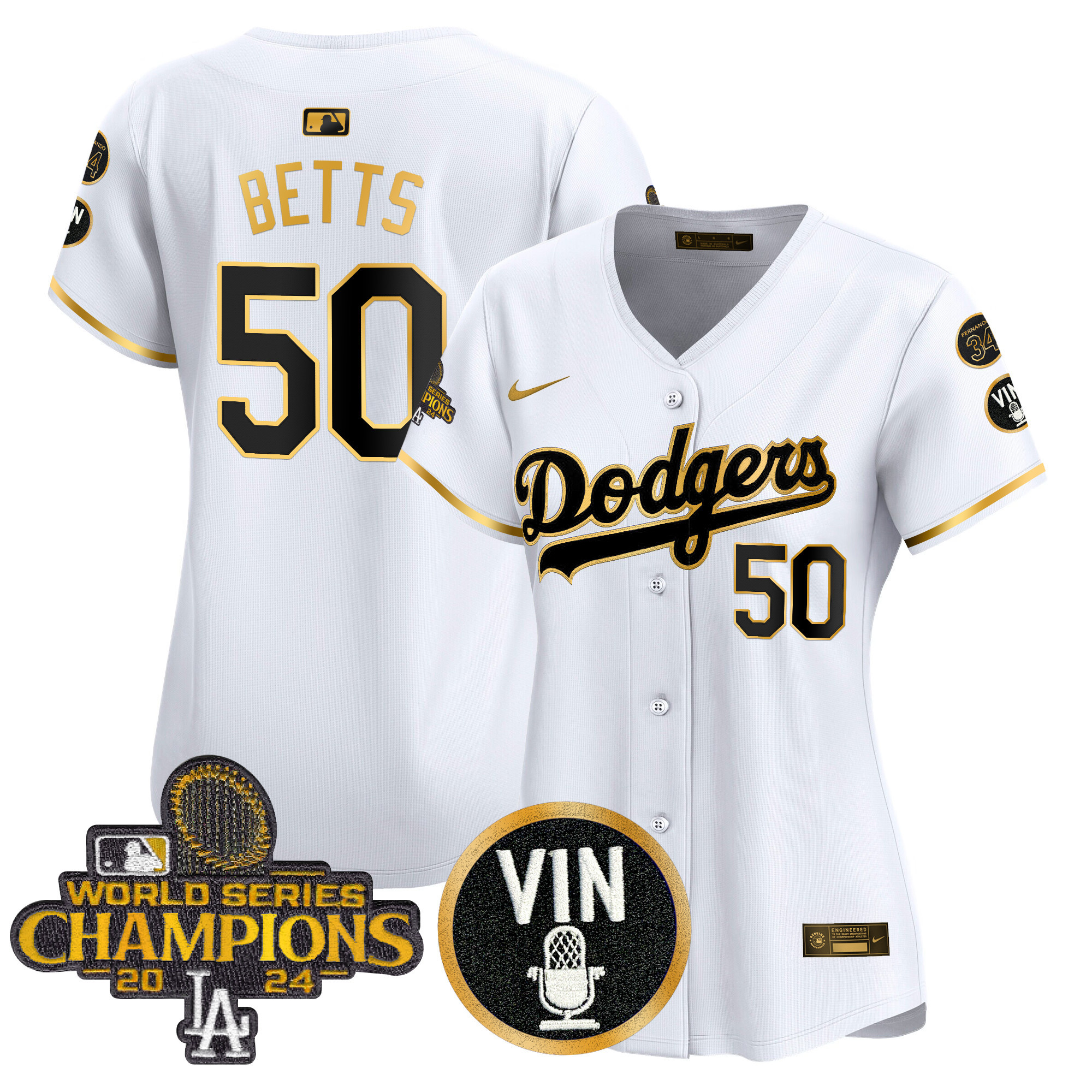 Mookie Betts Women's Los Angeles Dodgers 2025 Vin Scully & #34 Fernando Patch Gold Vapor Premier Limited White Gold Jersey - All Stitched