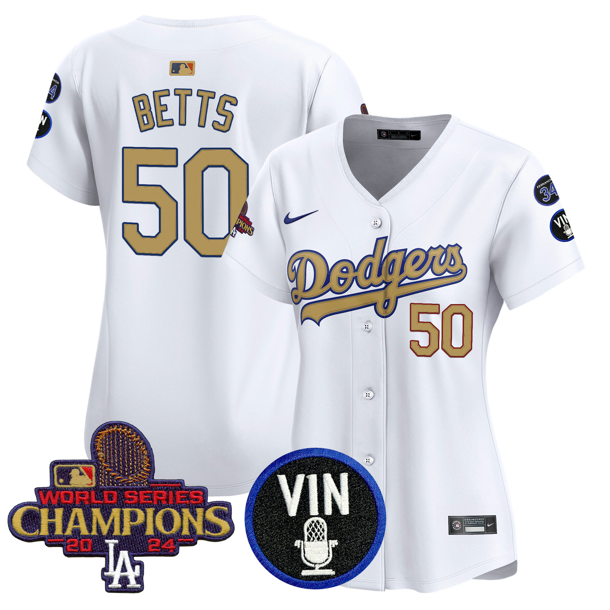 Mookie Betts Women's Los Angeles Dodgers 2025 Vin Scully & #34 Fernando Patch Gold Vapor Premier Limited White Jersey - All Stitched