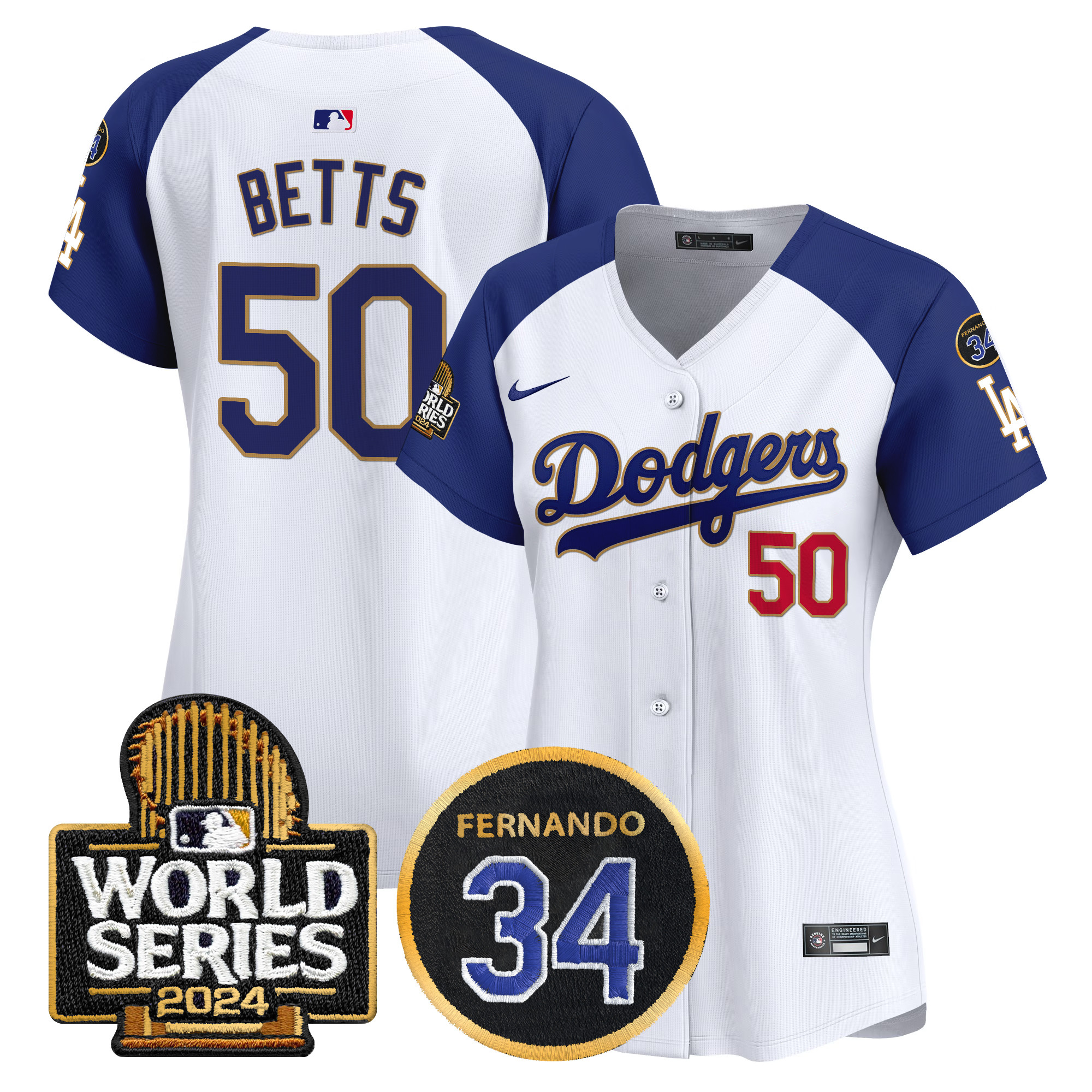 Mookie Betts Women's Los Angeles Dodgers Fernando Memorial & 2024 World Series Patch Vapor Premier Limited White Alternate Jersey - All Stitched
