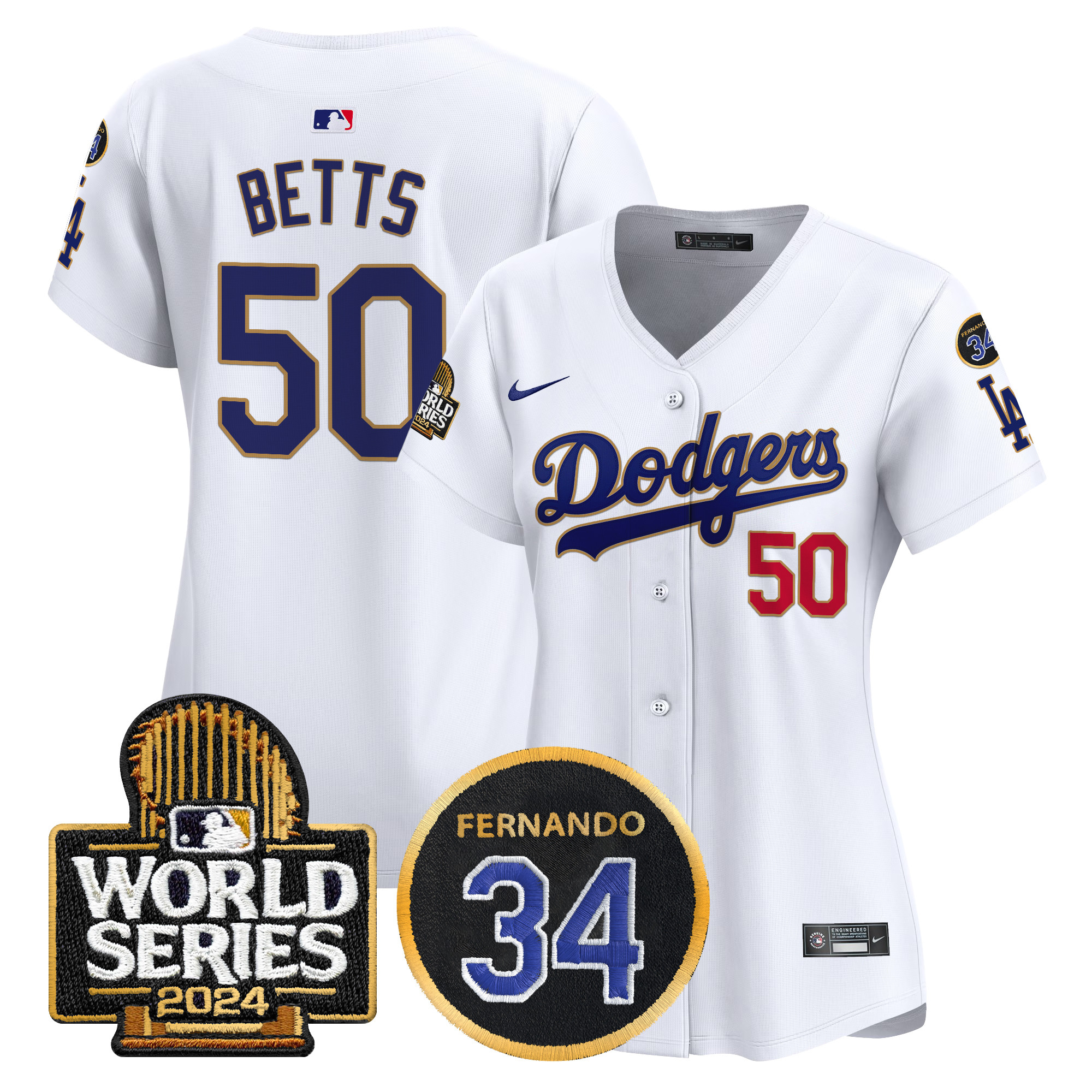 Mookie Betts Women's Los Angeles Dodgers Fernando Memorial & 2024 World Series Patch Vapor Premier Limited White Jersey - All Stitched