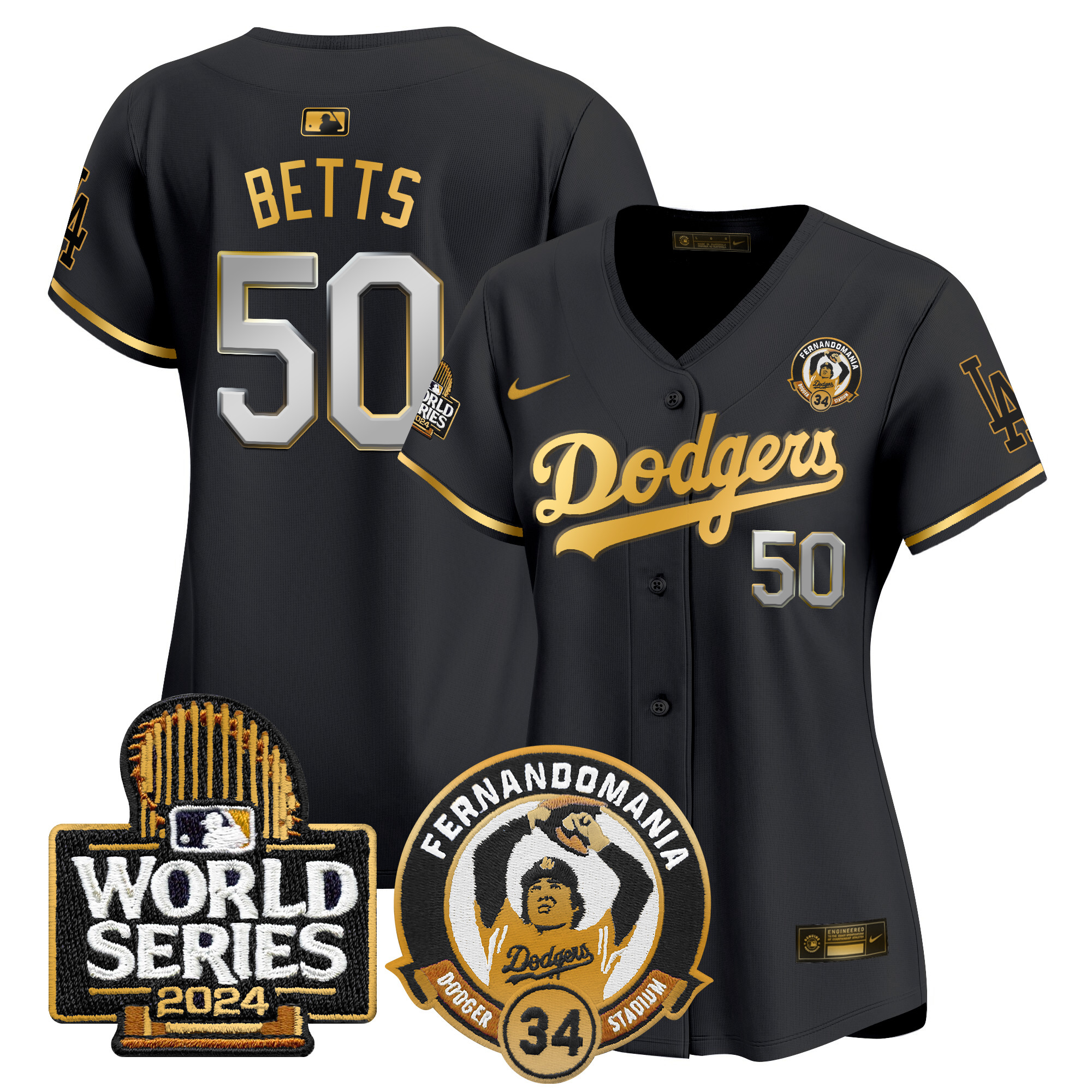 Mookie Betts Women's Los Angeles Dodgers Fernando Valenzuela & 2024 World Series Patch Vapor Premier Limited Black Gold Jersey - All Stitched