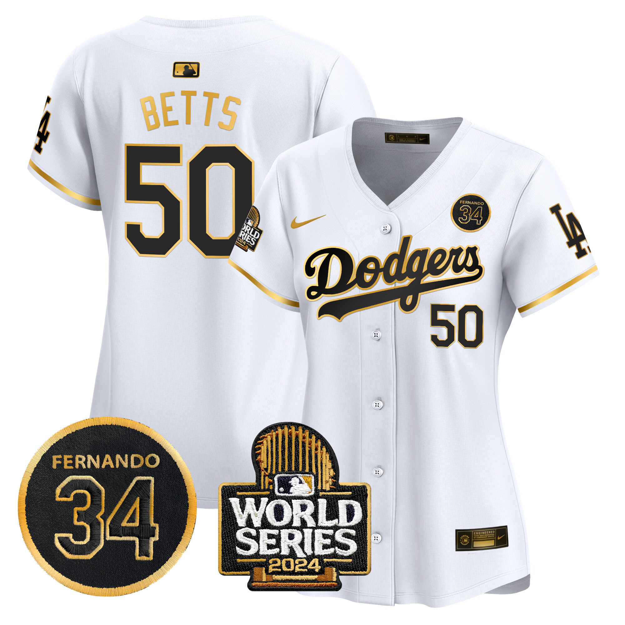 Mookie Betts Women's Los Angeles Dodgers Fernando Valenzuela & 2024 World Series Patch Vapor Premier Limited White Gold Jersey V2 - All Stitched