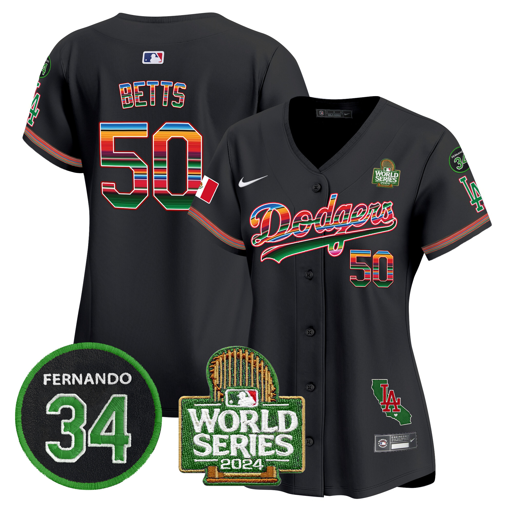 Mookie Betts Women's Los Angeles Dodgers Mexico Fernando Memorial & 2024 World Series Patch Vapor Premier Limited Black Jersey V2 - All Stitched