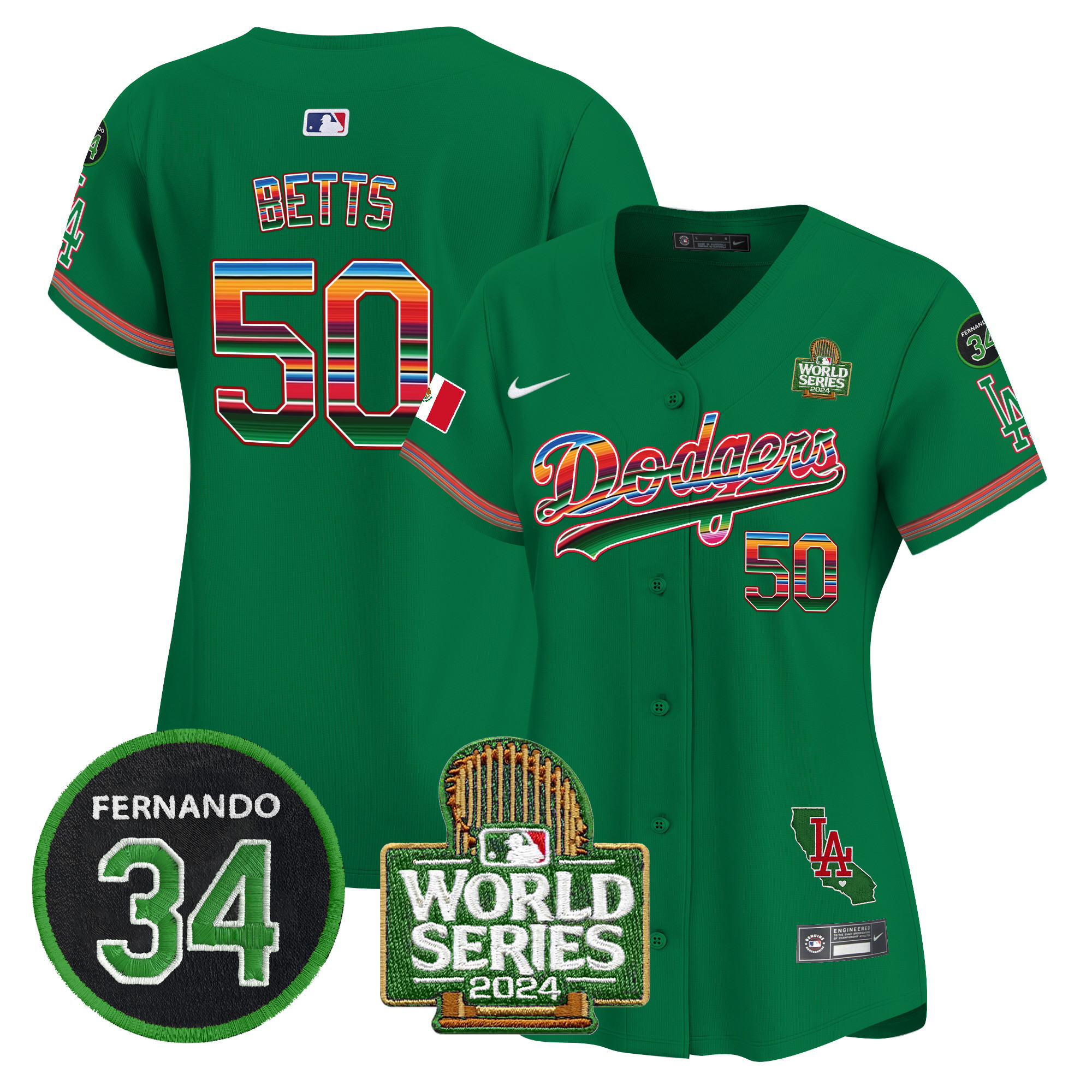 Mookie Betts Women's Los Angeles Dodgers Mexico Fernando Memorial & 2024 World Series Patch Vapor Premier Limited Green Jersey V2 - All Stitched