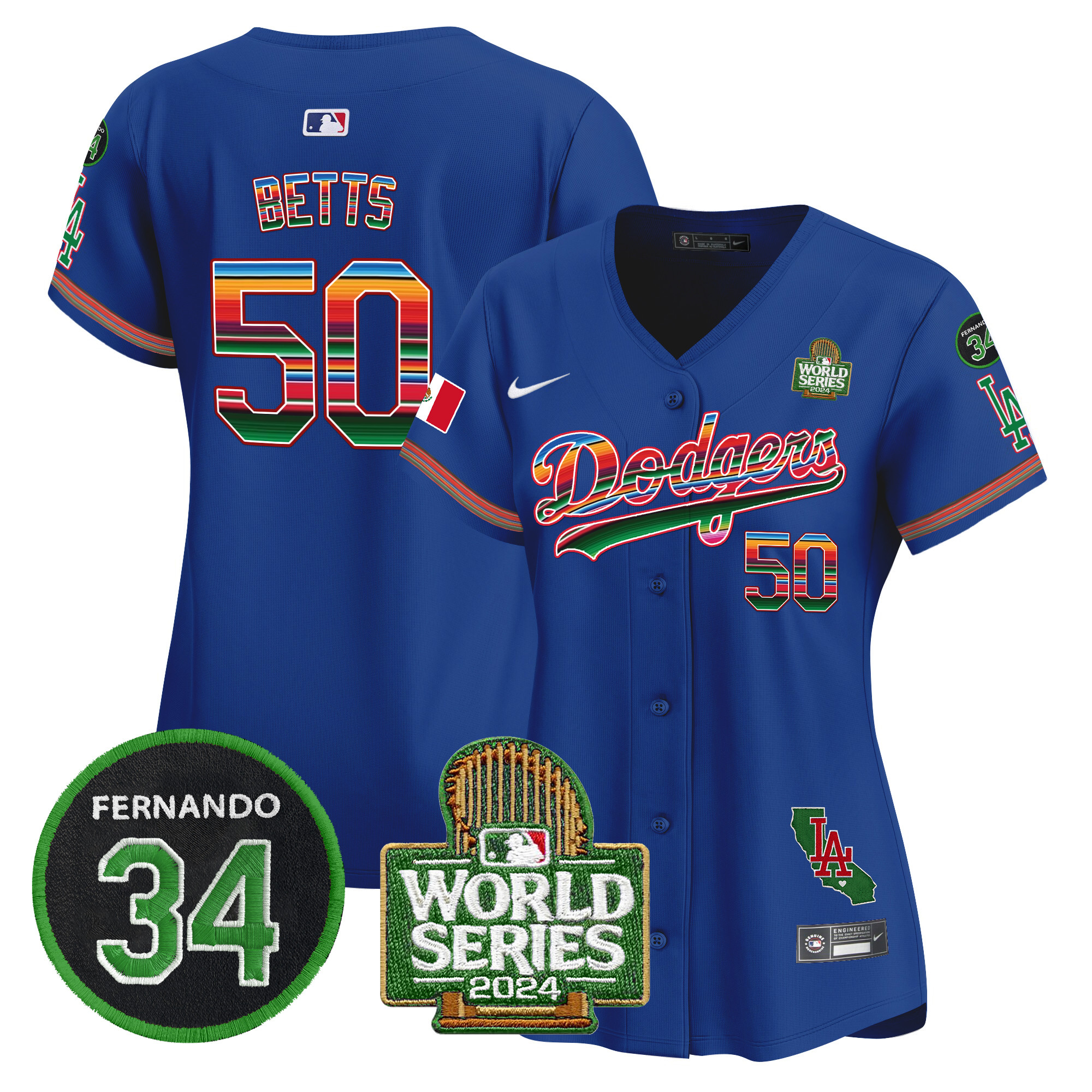Mookie Betts Women's Los Angeles Dodgers Mexico Fernando Memorial & 2024 World Series Patch Vapor Premier Limited Royal Jersey V2 - All Stitched