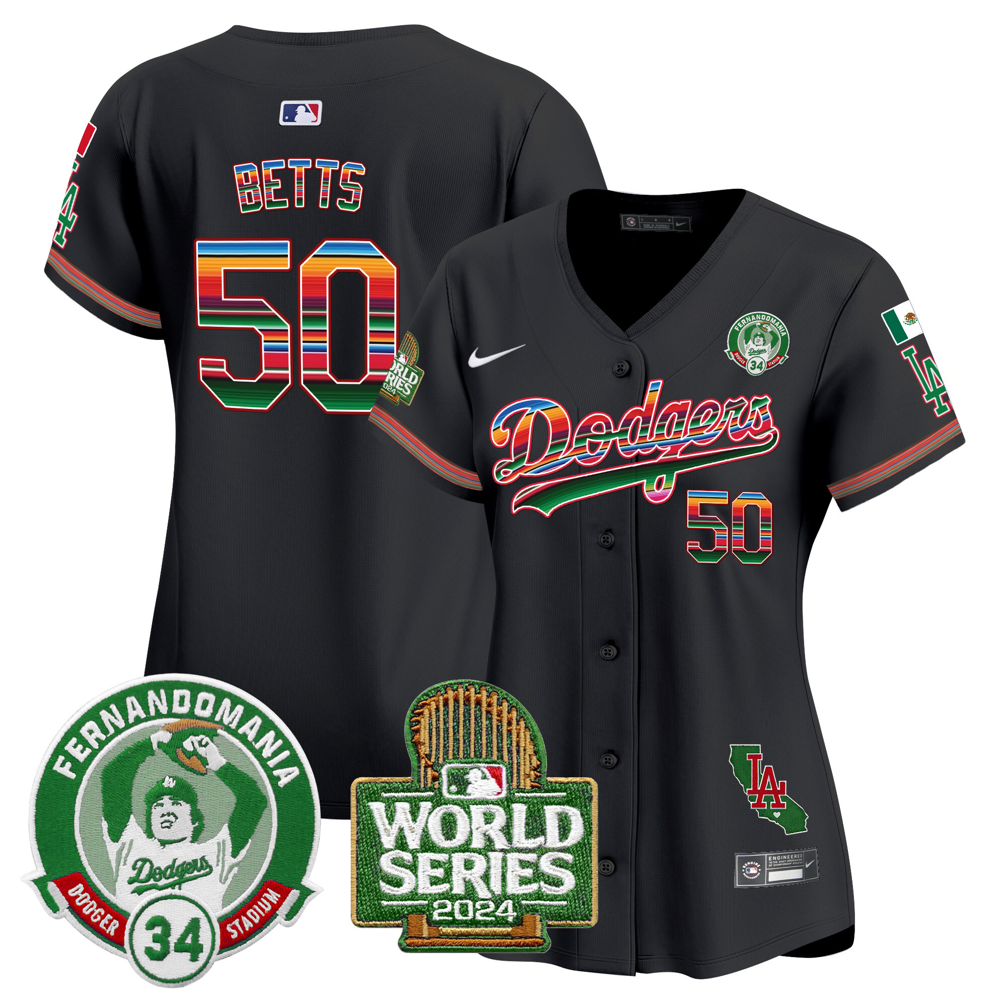 Mookie Betts Women's Los Angeles Dodgers Mexico Fernando Valenzuela & 2024 World Series Patch Vapor Premier Limited Black Jersey - All Stitched