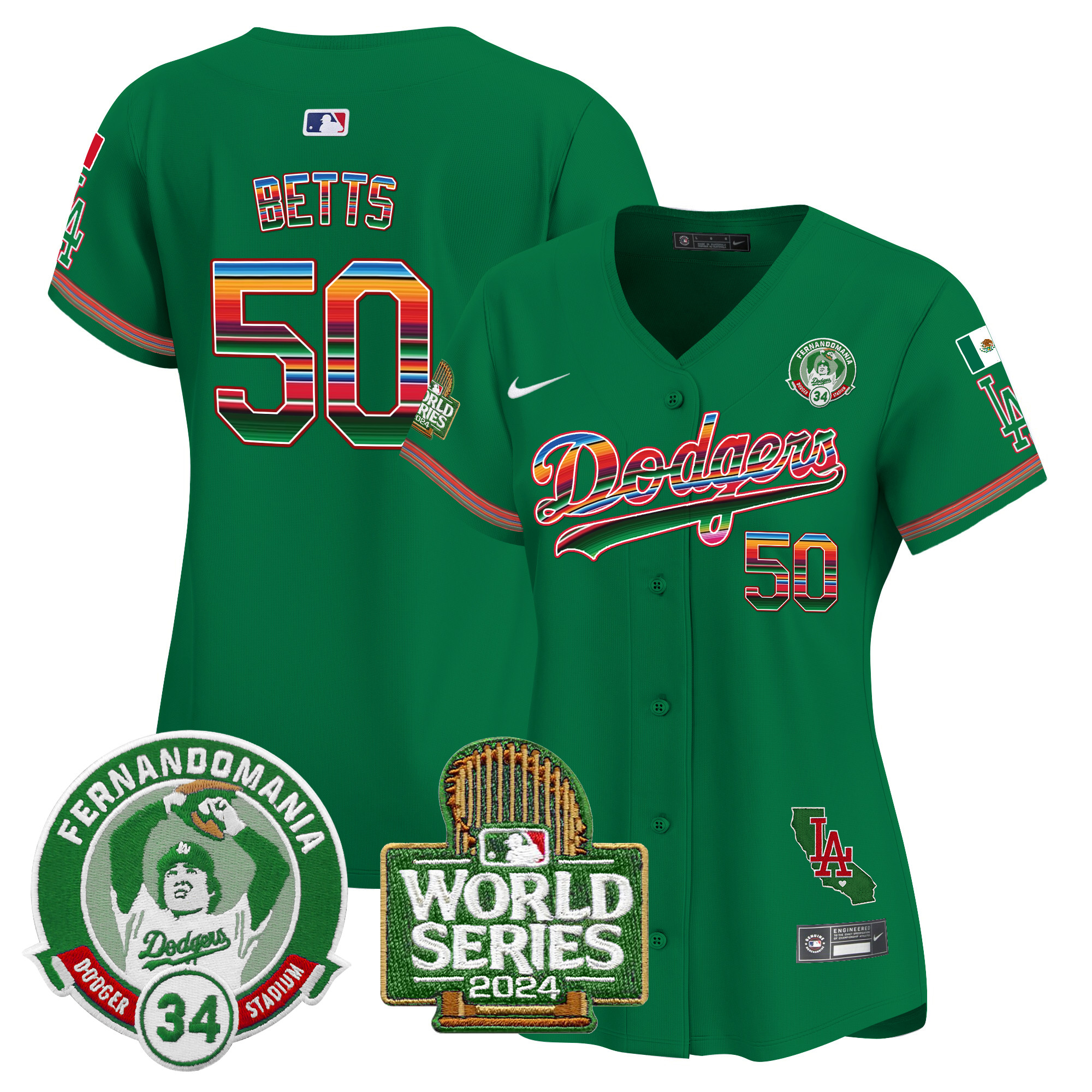 Mookie Betts Women's Los Angeles Dodgers Mexico Fernando Valenzuela & 2024 World Series Patch Vapor Premier Limited Green Jersey - All Stitched