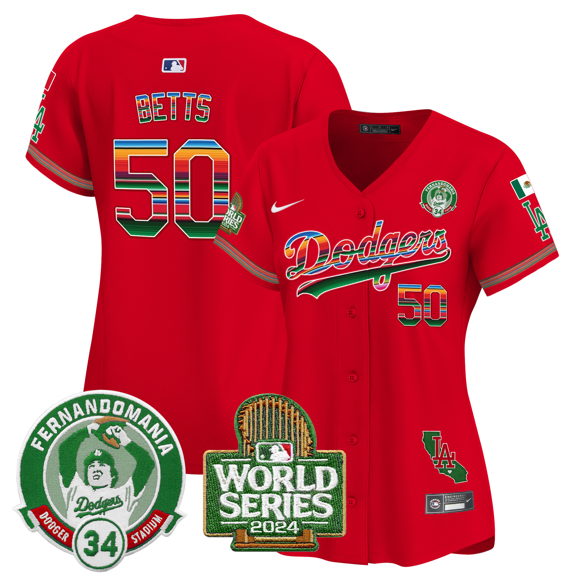 Mookie Betts Women's Los Angeles Dodgers Mexico Fernando Valenzuela & 2024 World Series Patch Vapor Premier Limited Red Jersey - All Stitched