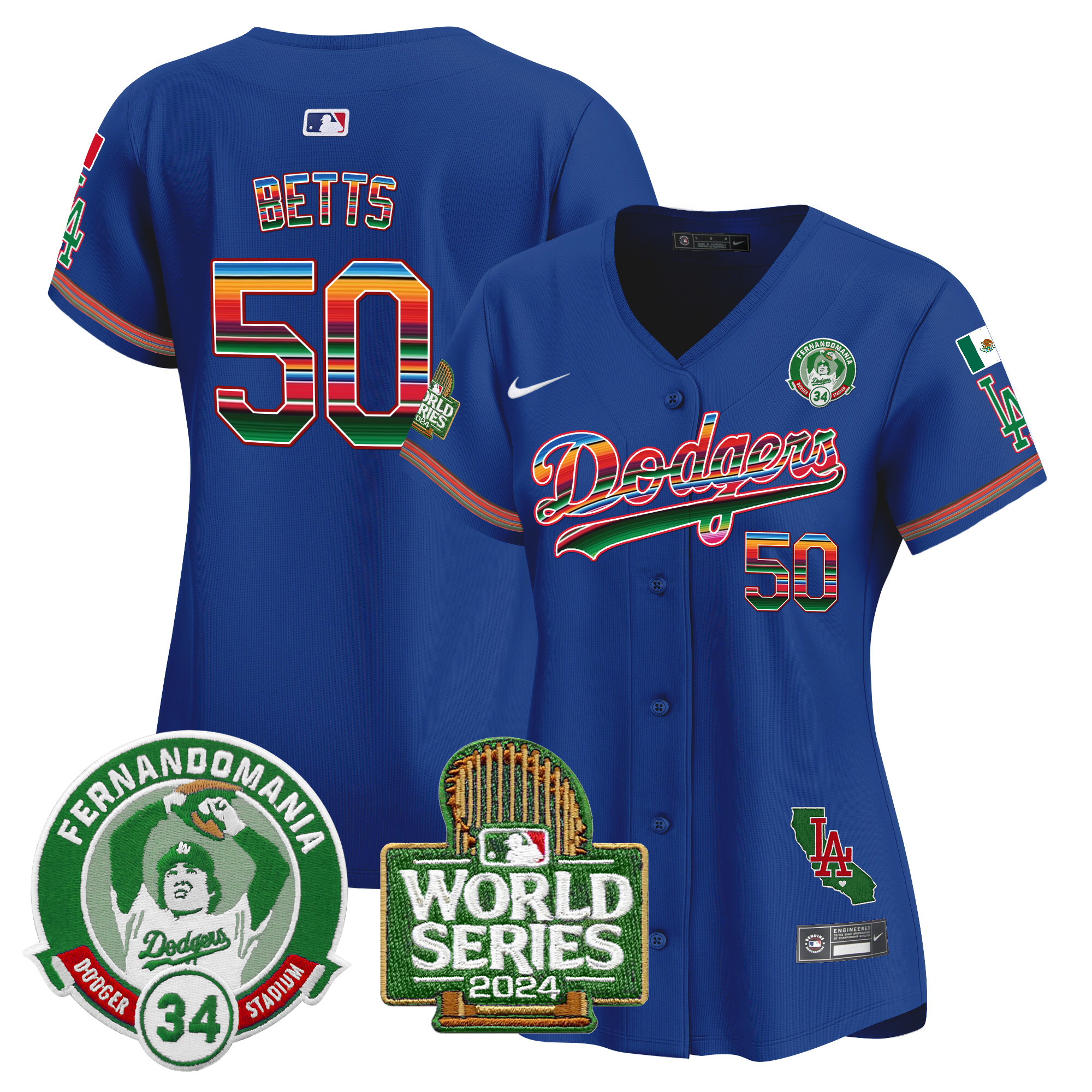 Mookie Betts Women's Los Angeles Dodgers Mexico Fernando Valenzuela & 2024 World Series Patch Vapor Premier Limited Royal Jersey - All Stitched