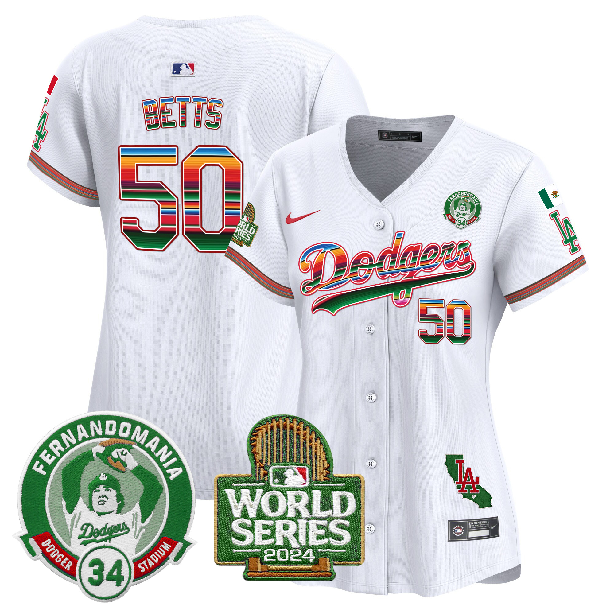 Mookie Betts Women's Los Angeles Dodgers Mexico Fernando Valenzuela & 2024 World Series Patch Vapor Premier Limited White Jersey - All Stitched