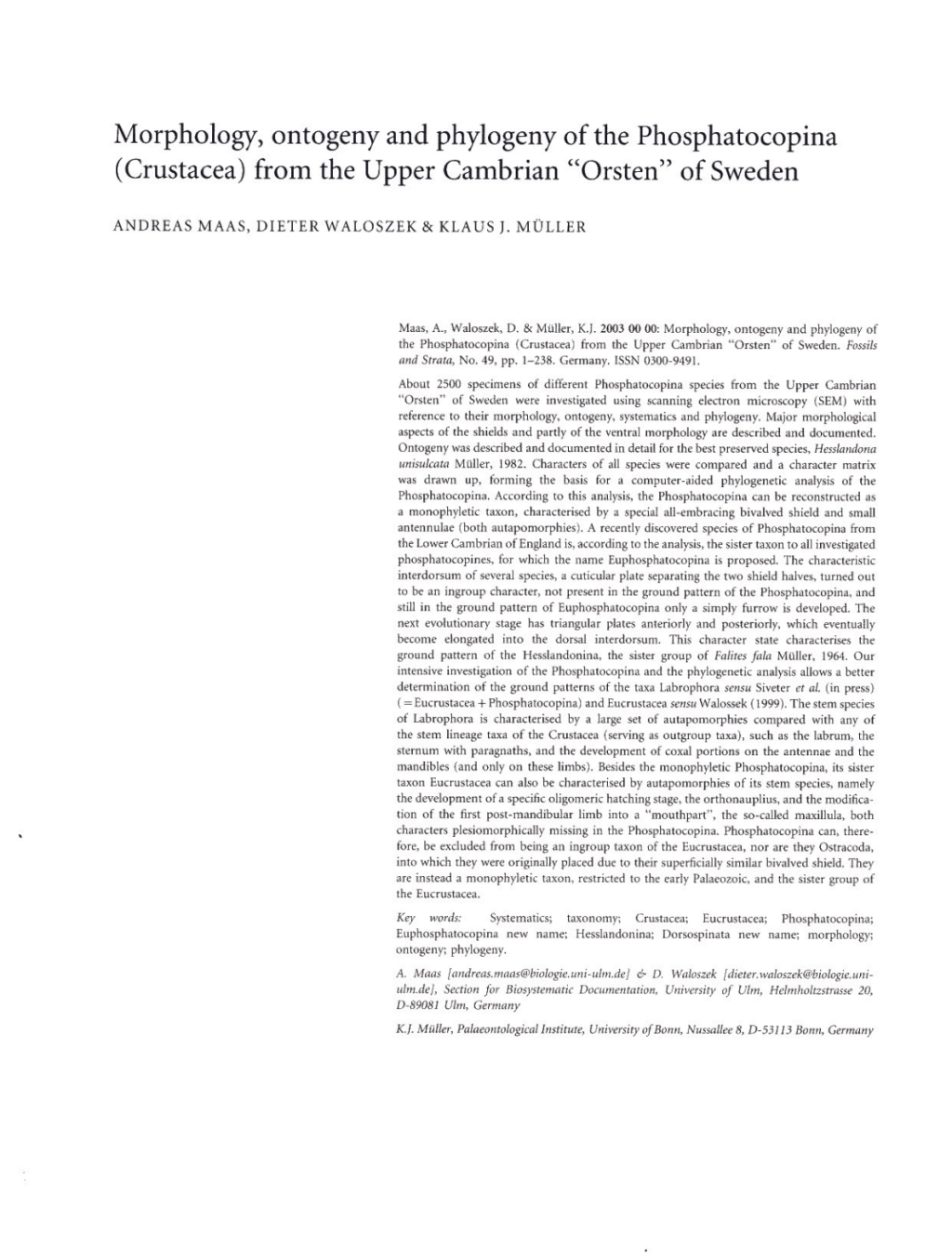 Morphology, Ontogeny and Phylogeny of the Phosphatocopina (Crustacea) from the Upper Cambrian Orsten of Sweden 1st Edition â€“ PDF/EPUB Version Downloadable