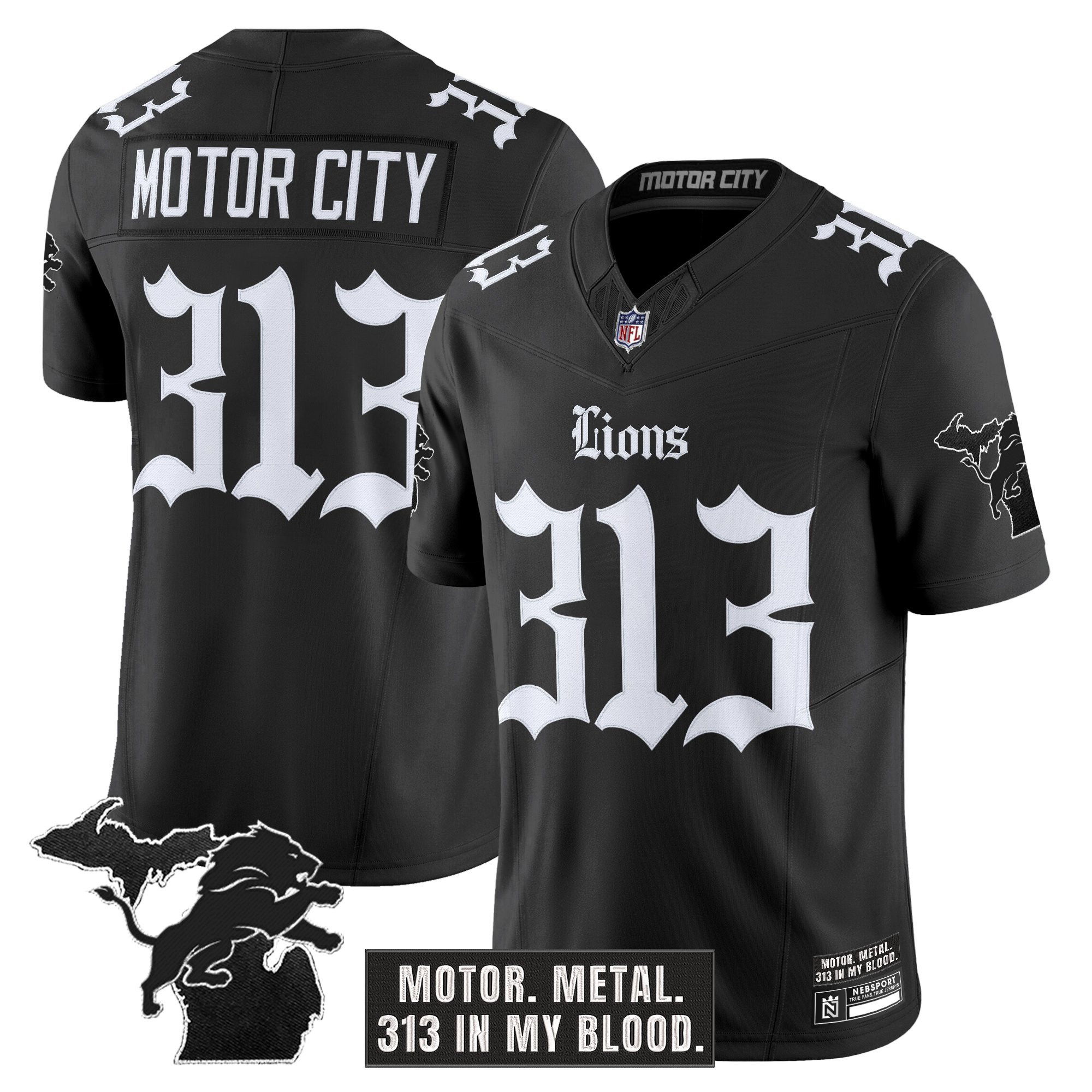 Motor City 313 Men's Detroit Lions 'Gothic Motor Grit Edition' Vapor Limited Black Jersey - All Stitched