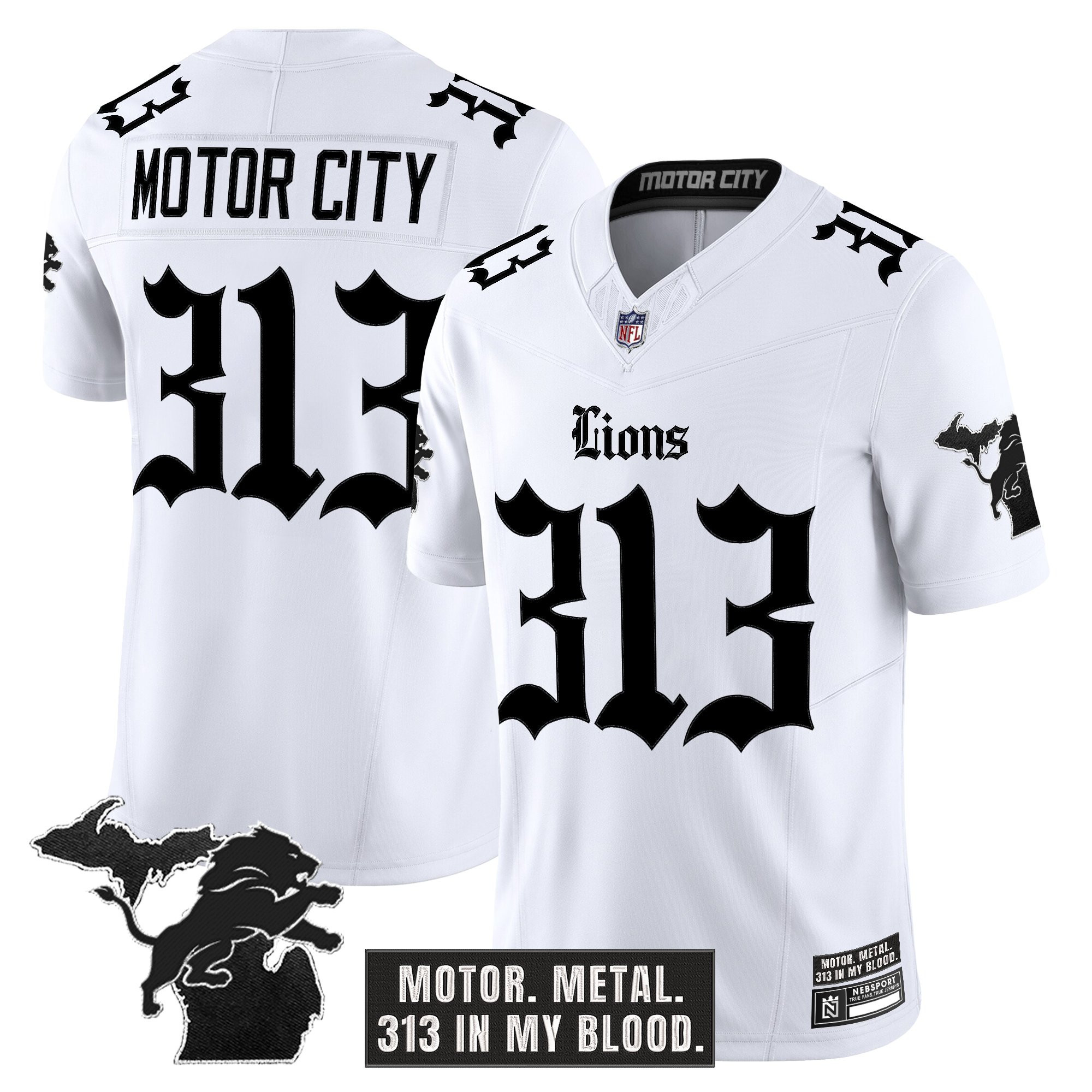 Motor City 313 Men's Detroit Lions 'Gothic Motor Grit Edition' Vapor Limited White Jersey - All Stitched