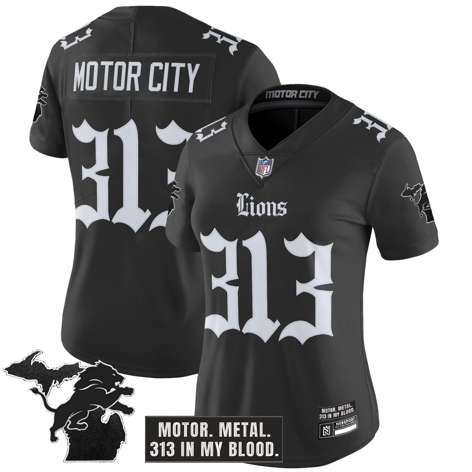 Motor City 313 Women's Detroit Lions 'Gothic Motor Grit Edition' Vapor Limited Black Jersey - All Stitched