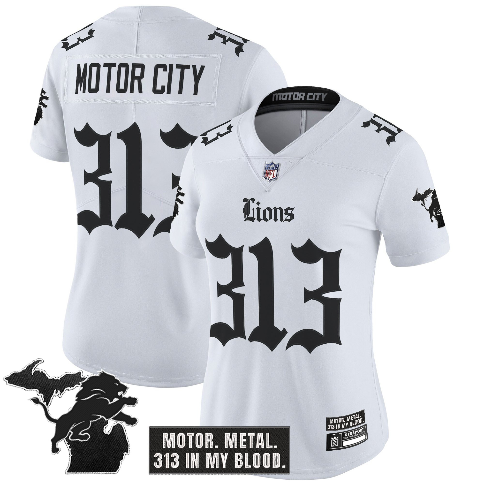 Motor City 313 Women's Detroit Lions 'Gothic Motor Grit Edition' Vapor Limited White Jersey - All Stitched