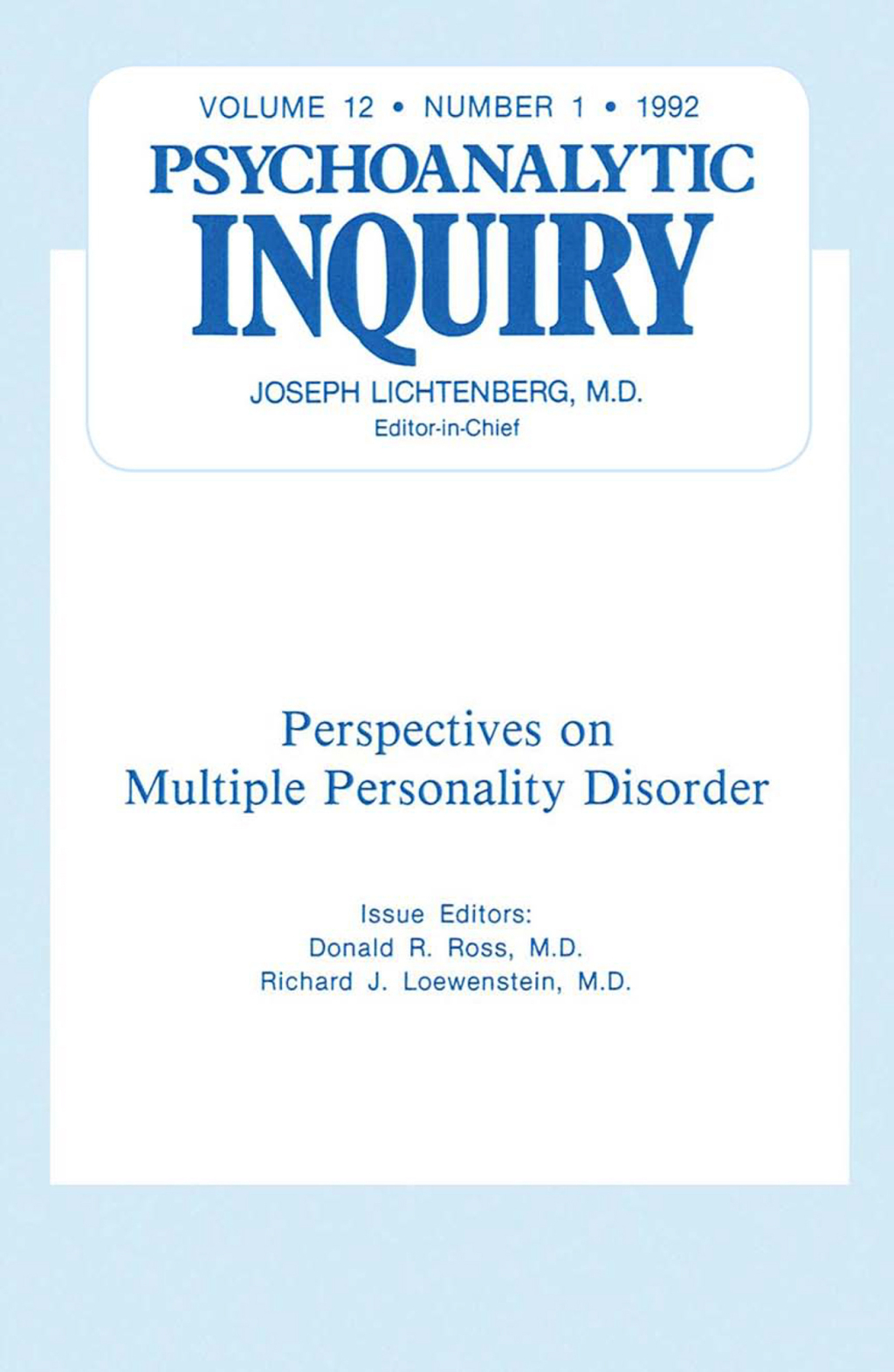 Multiple Personality Disorder Psychoanalytic Inquiry, 12.1 1st Edition â€“ PDF/EPUB Version Downloadable