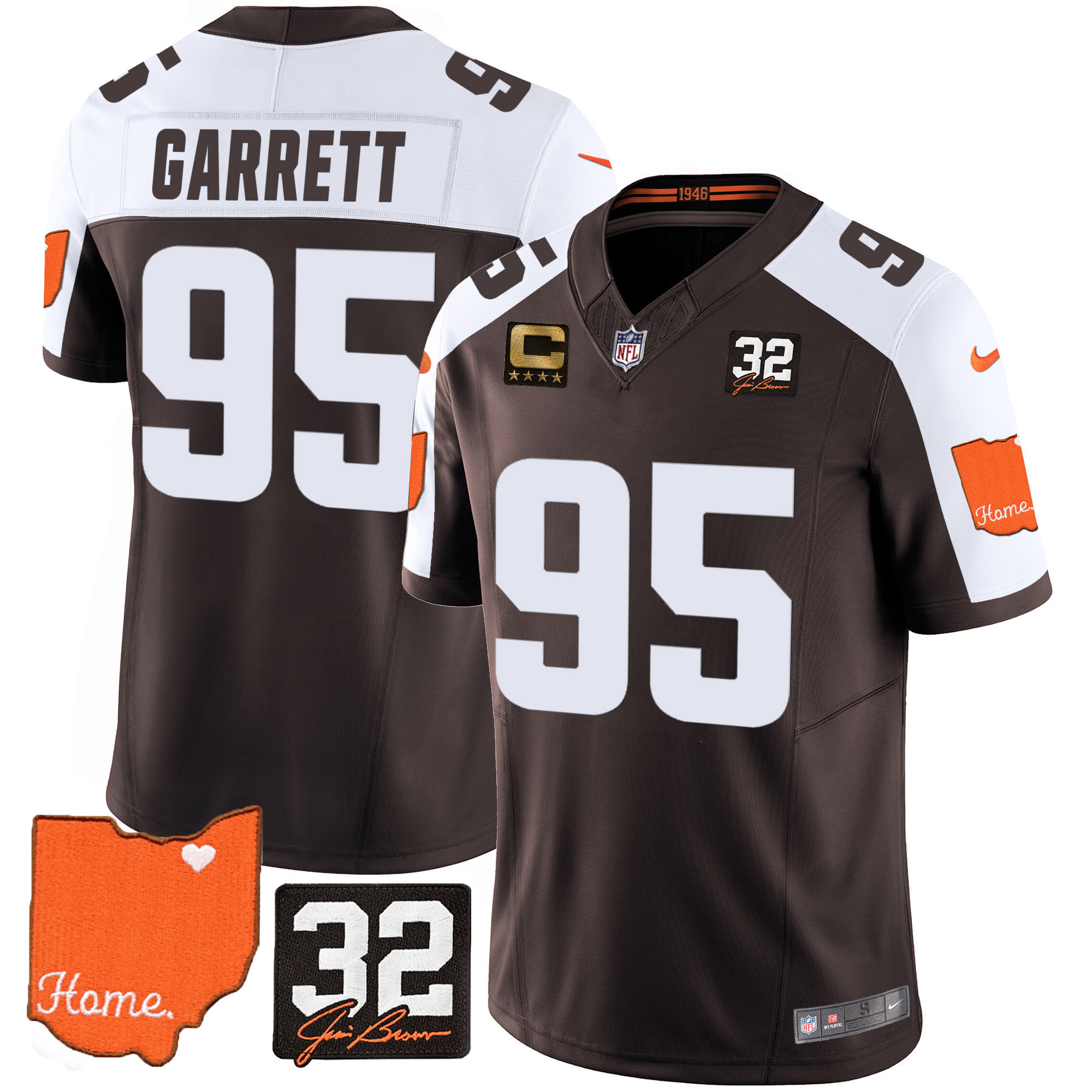 Myles Garrett Men's Cleveland Browns #32 Jim Brown Memorial & Home Patch Alternate Jersey - All Stitched
