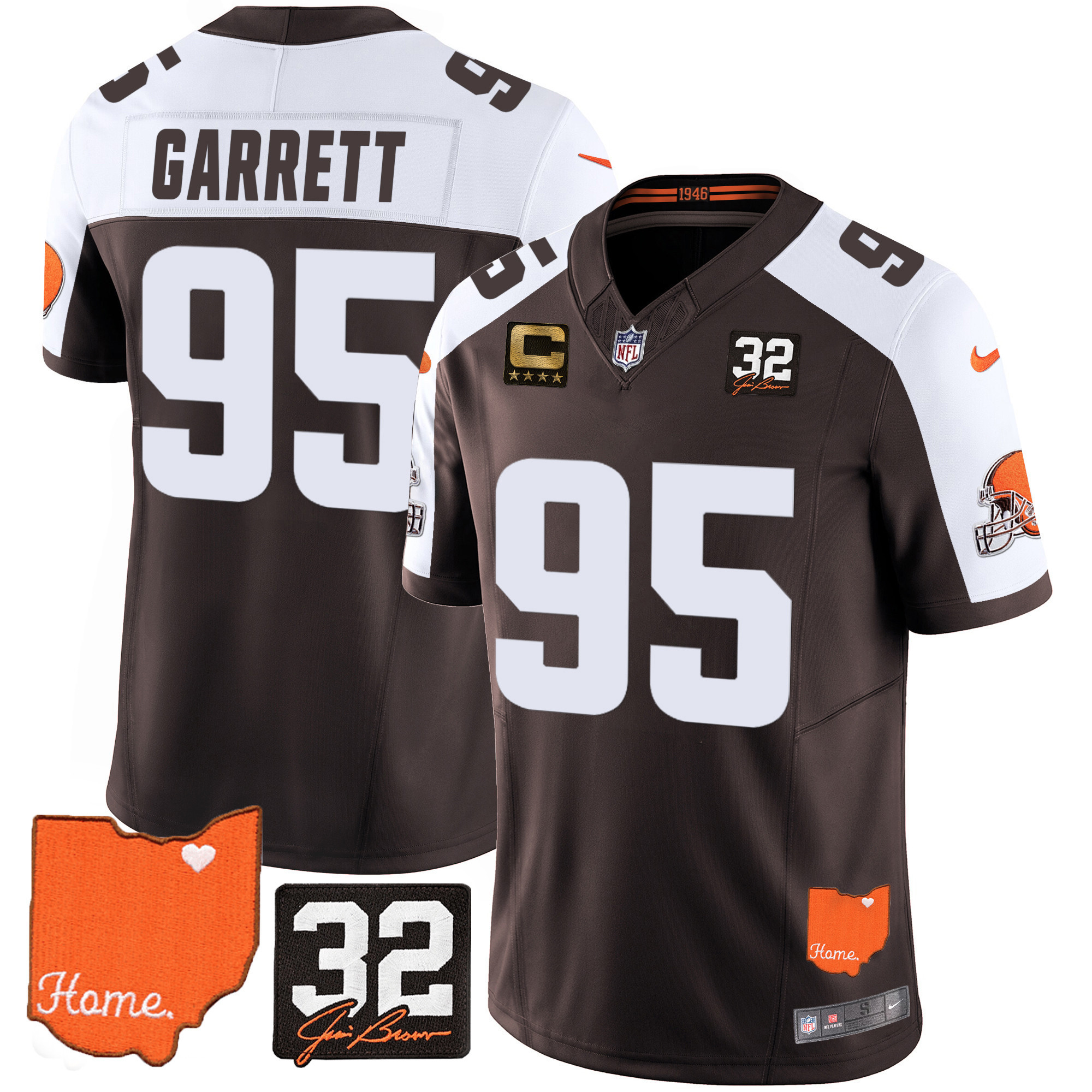 Myles Garrett Men's Cleveland Browns #32 Jim Brown Memorial & Home Patch Alternate Jersey - All Stitched