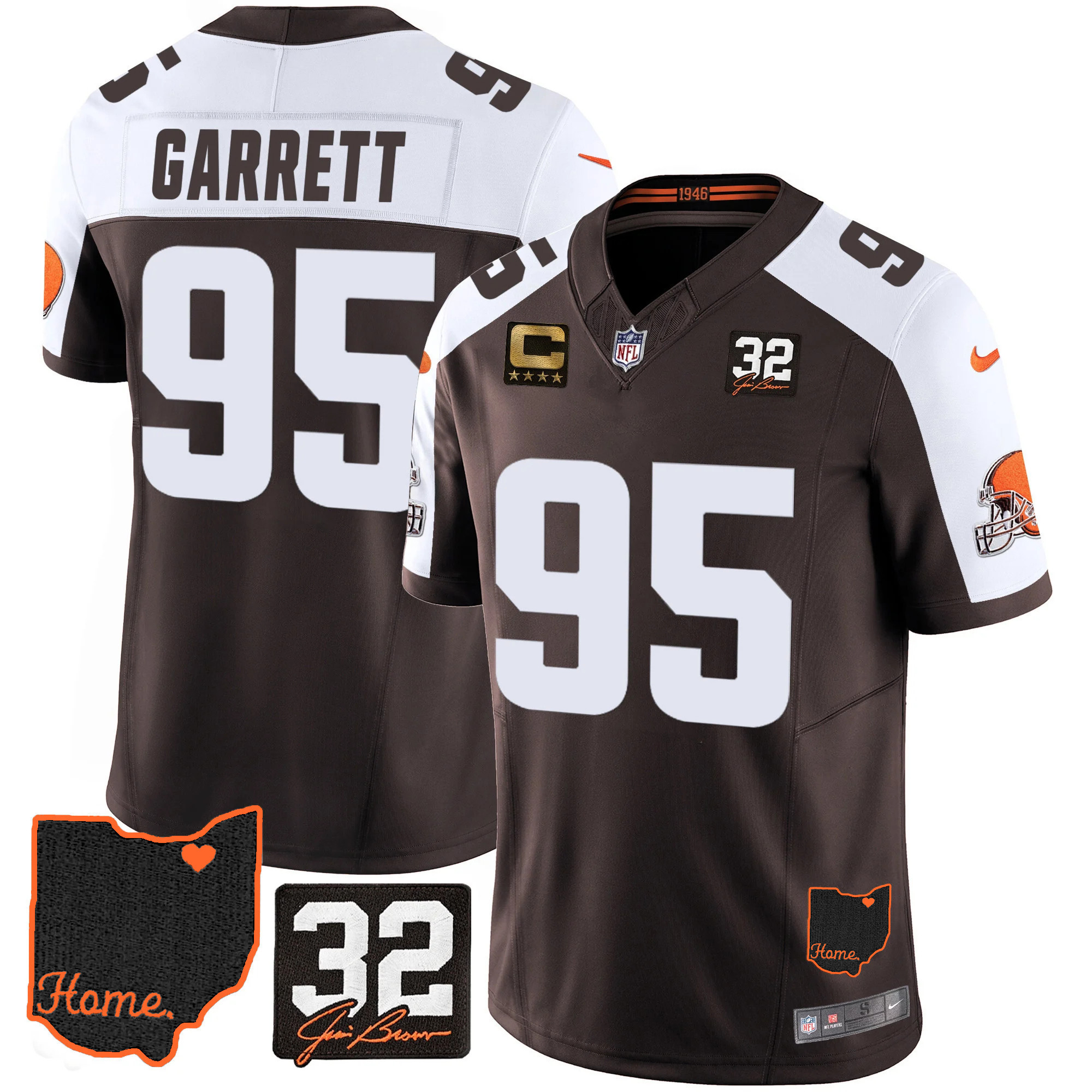 Myles Garrett Men's Cleveland Browns #32 Jim Brown Memorial & Home Patch Alternate Jersey - All Stitched