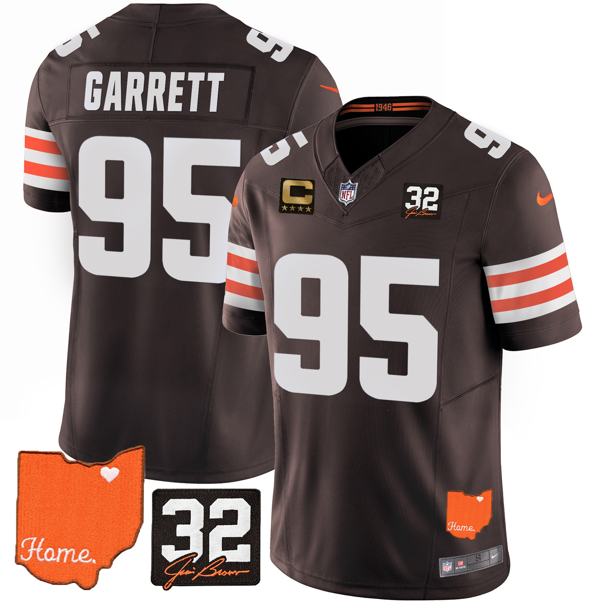 Myles Garrett Men's Cleveland Browns #32 Jim Brown Memorial & Home Patch Brown Jersey - All Stitched