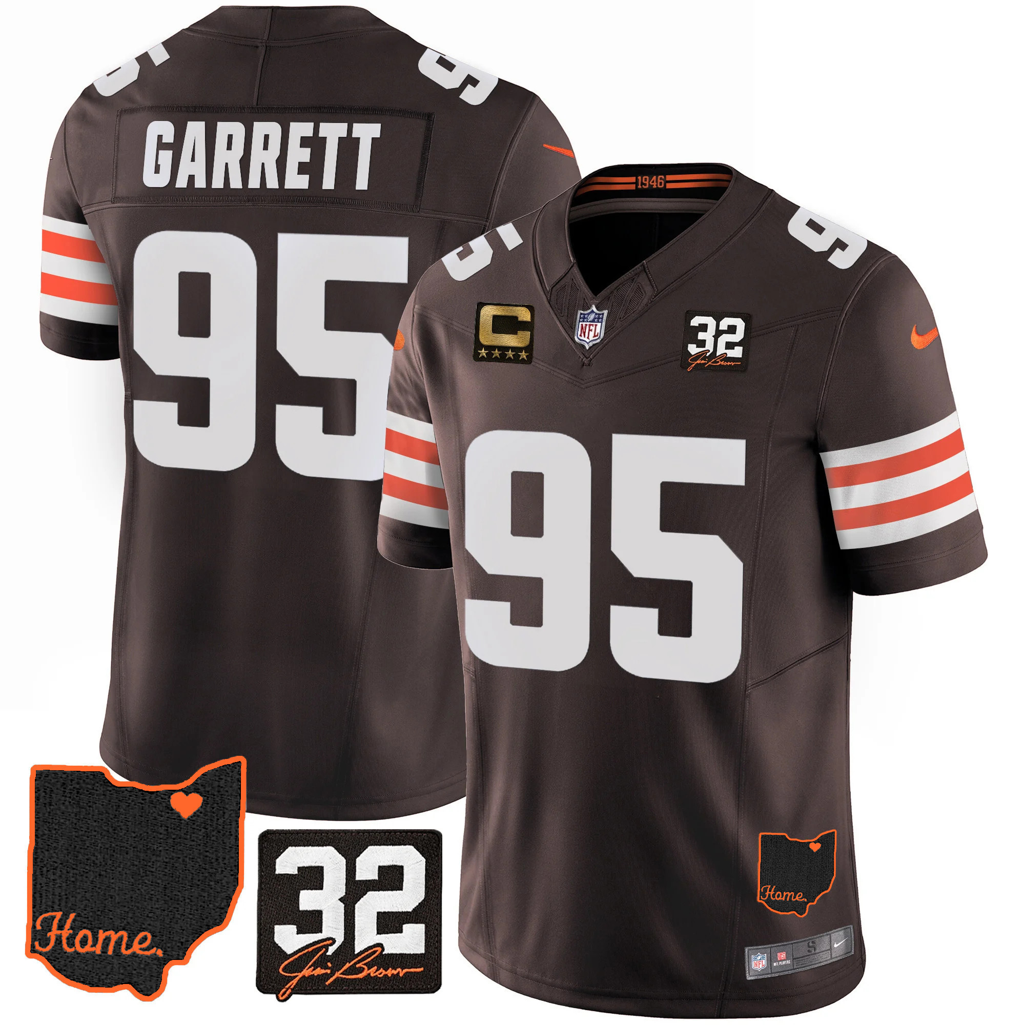 Myles Garrett Men's Cleveland Browns #32 Jim Brown Memorial & Home Patch Brown Jersey - All Stitched