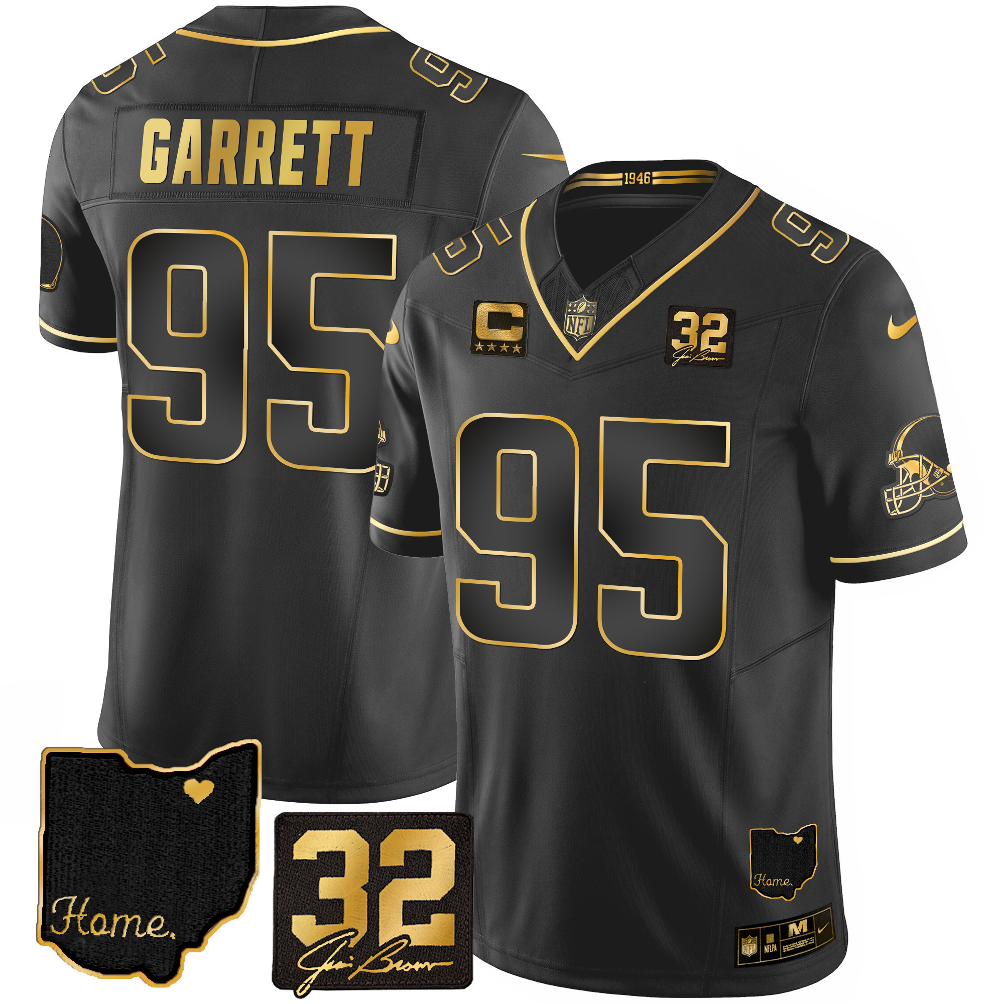 Myles Garrett Men's Cleveland Browns #32 Jim Brown Memorial & Home Patch Gold Black Gold Jersey - All Stitched