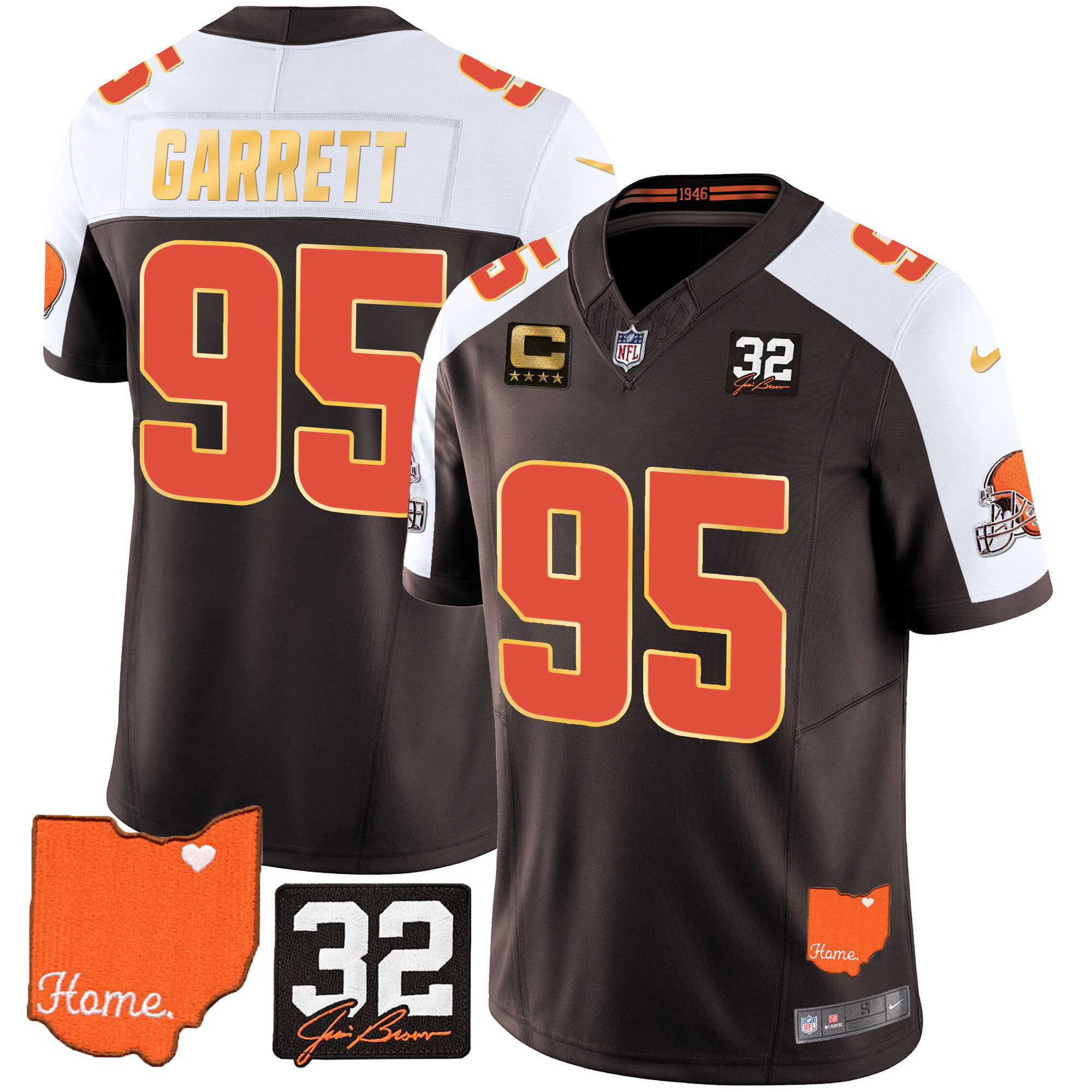 Myles Garrett Men's Cleveland Browns #32 Jim Brown Memorial & Home Patch Gold Trim Alternate Jersey - All Stitched
