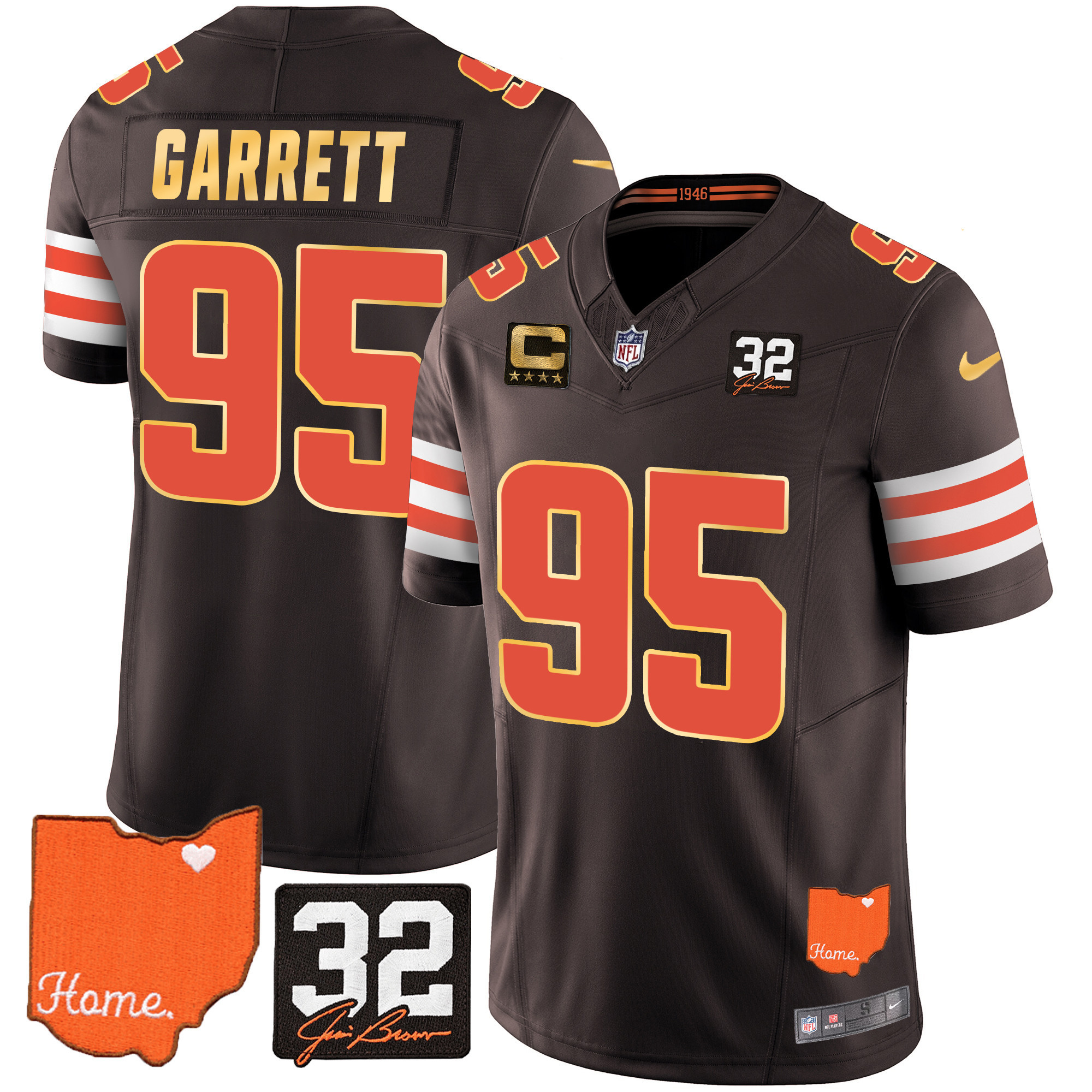 Myles Garrett Men's Cleveland Browns #32 Jim Brown Memorial & Home Patch Gold Trim Brown Jersey - All Stitched