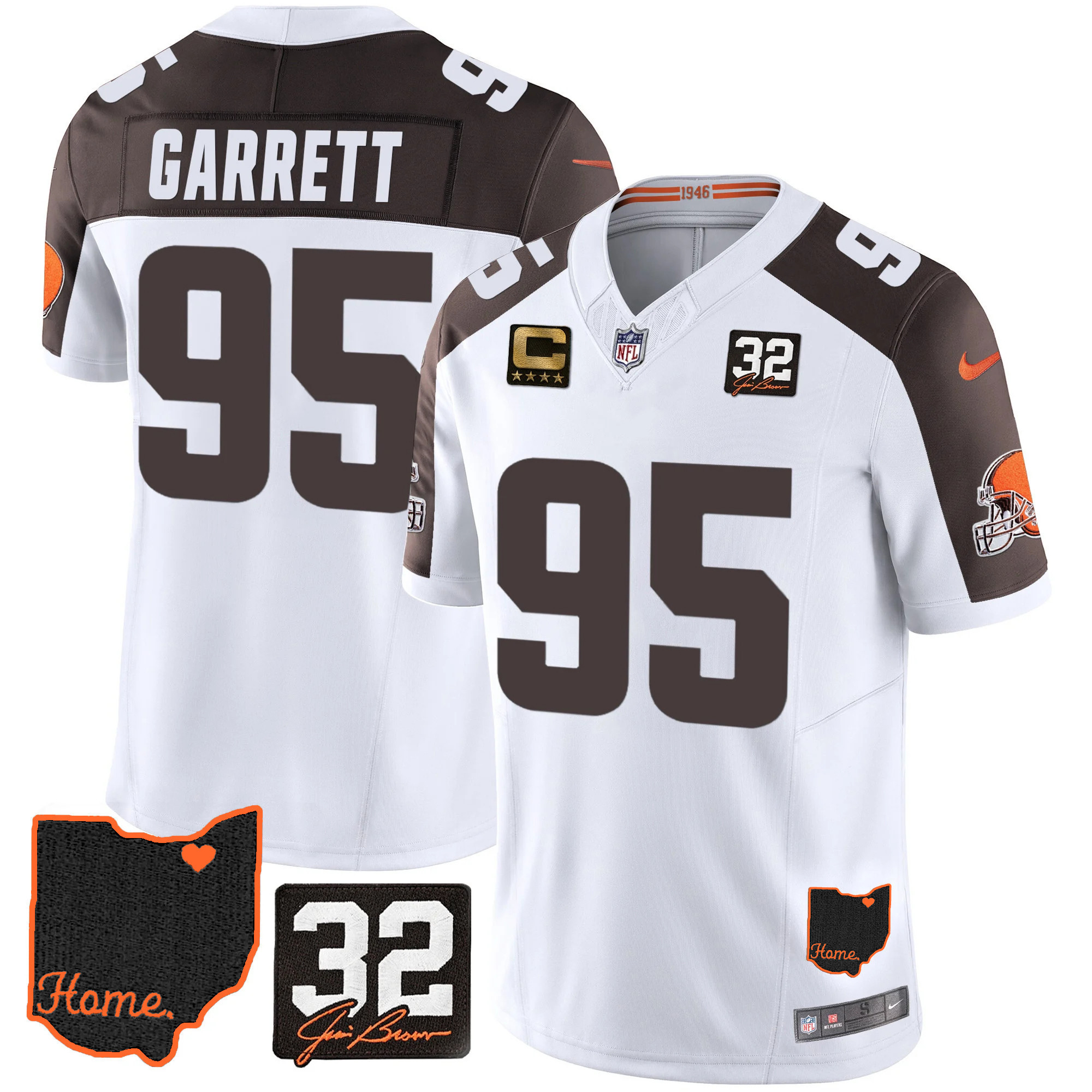 Myles Garrett Men's Cleveland Browns #32 Jim Brown Memorial & Home Patch Inverted Jersey - All Stitched