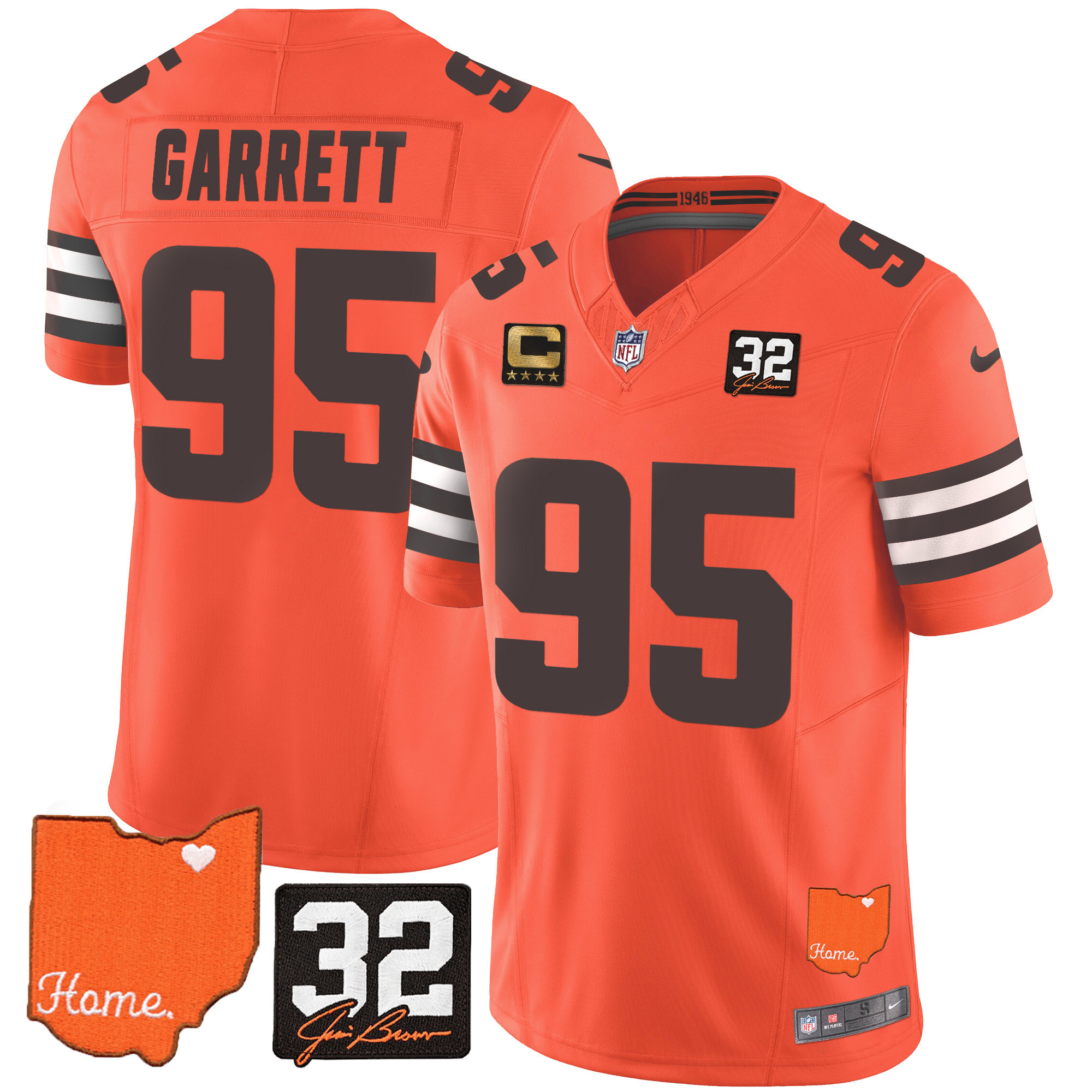 Myles Garrett Men's Cleveland Browns #32 Jim Brown Memorial & Home Patch Orange Jersey - All Stitched