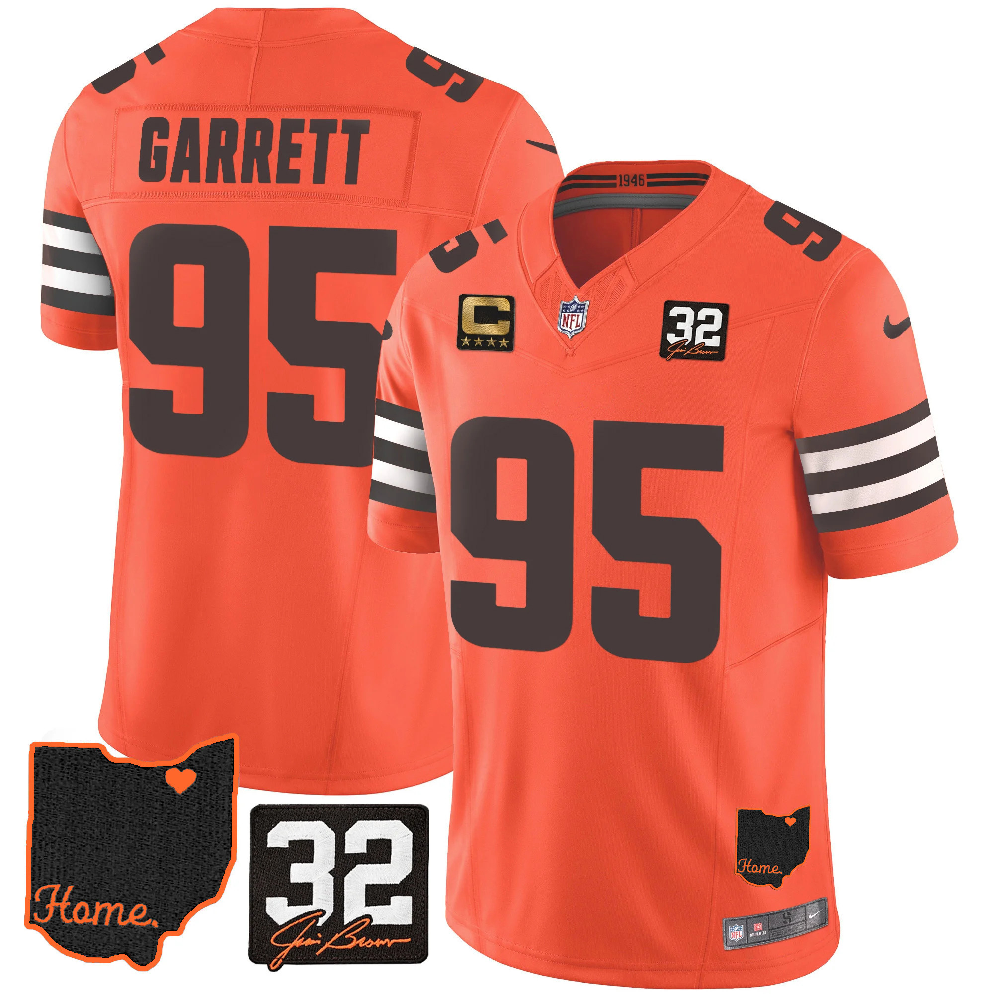 Myles Garrett Men's Cleveland Browns #32 Jim Brown Memorial & Home Patch Orange Jersey - All Stitched