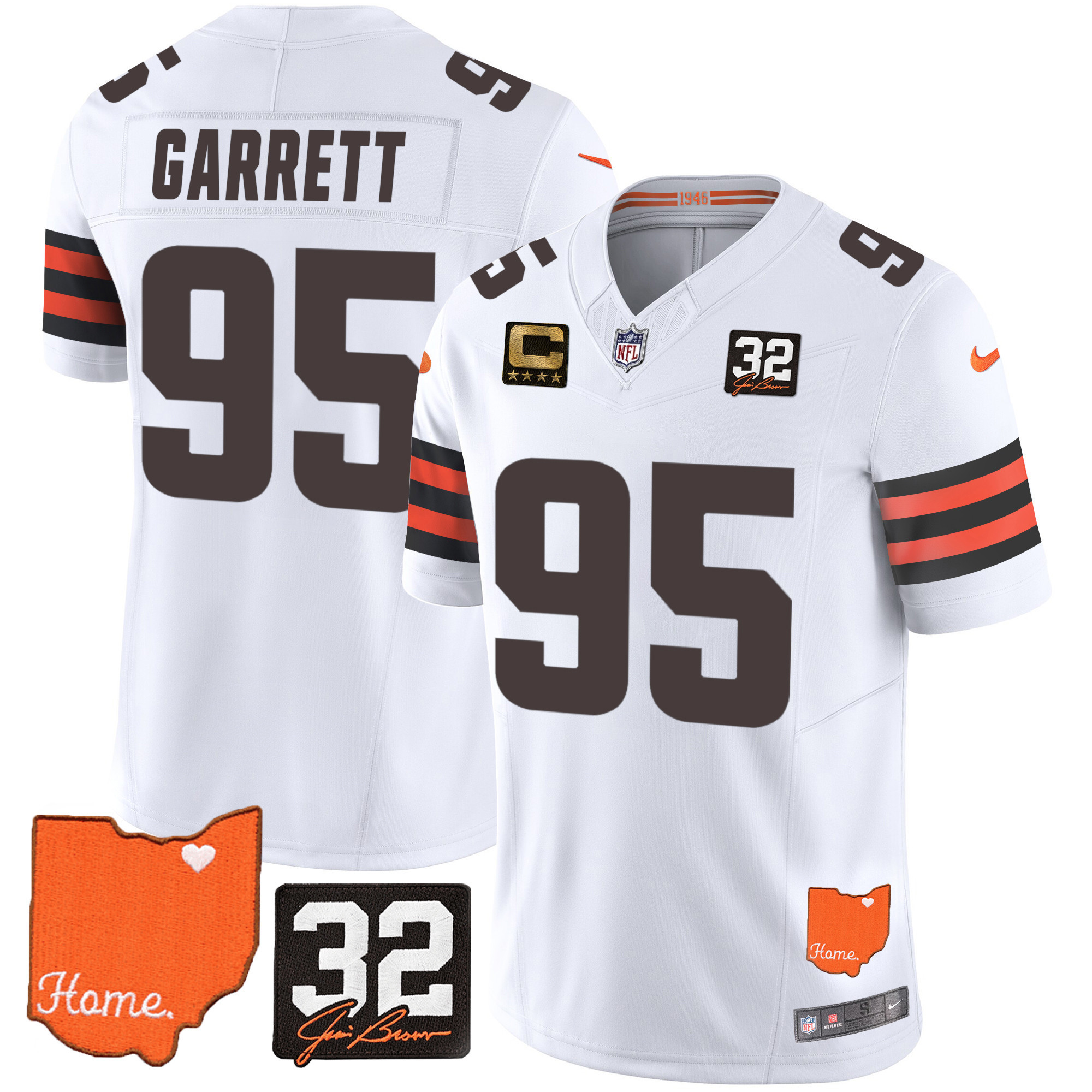 Myles Garrett Men's Cleveland Browns #32 Jim Brown Memorial & Home Patch White Jersey - All Stitched