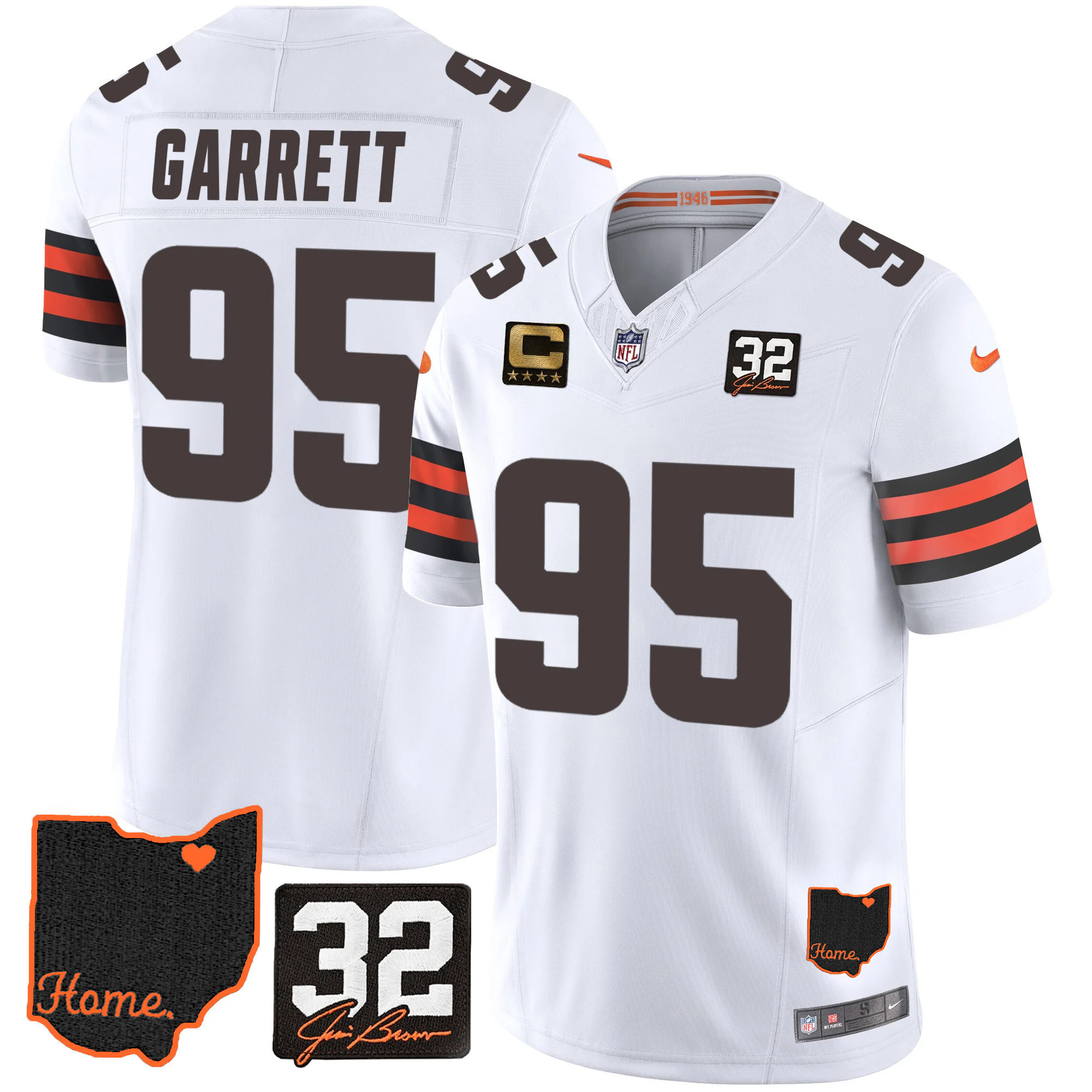 Myles Garrett Men's Cleveland Browns #32 Jim Brown Memorial & Home Patch White Jersey - All Stitched