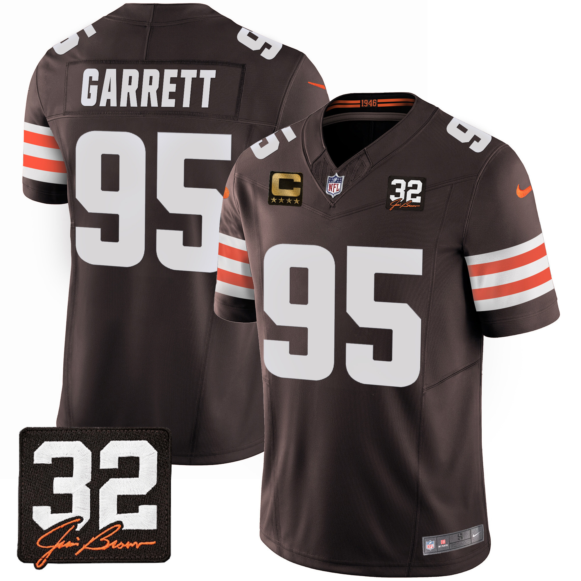 Myles Garrett Men's Cleveland Browns #32 Jim Brown Memorial Patch Brown Jersey - All Stitched