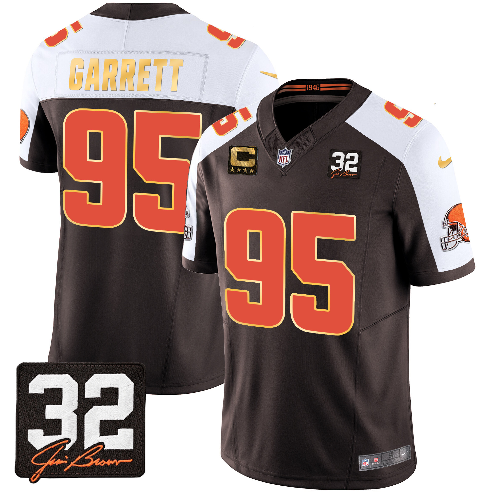 Myles Garrett Men's Cleveland Browns #32 Jim Brown Memorial Patch Gold Trim Alternate Jersey - All Stitched