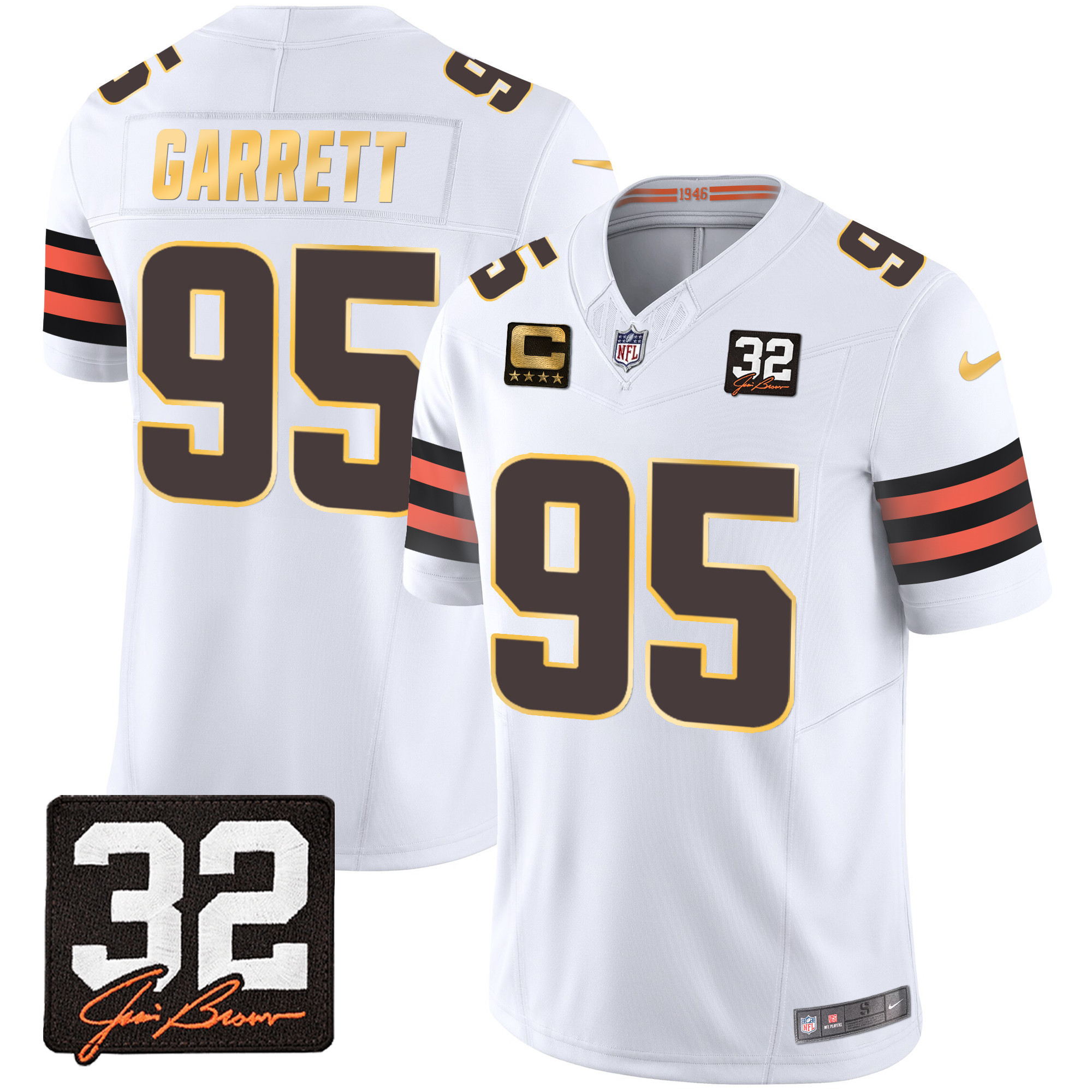Myles Garrett Men's Cleveland Browns #32 Jim Brown Memorial Patch Gold Trim White Jersey - All Stitched