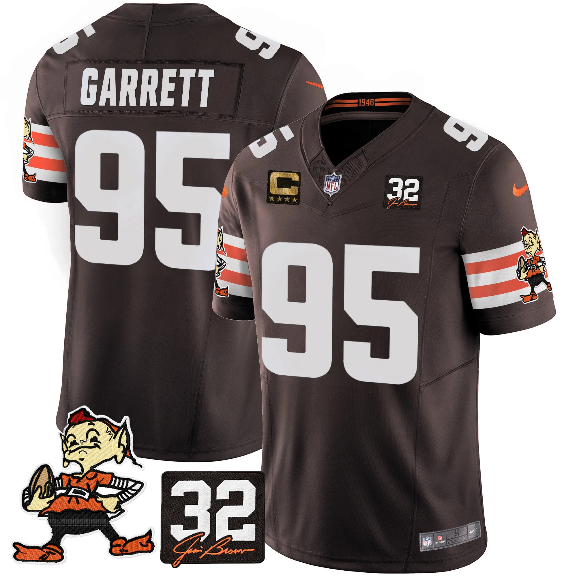 Myles Garrett Men's Cleveland Browns #32 Jim Brown Memorial Patch Vapor Limited Brown Jersey - All Stitched
