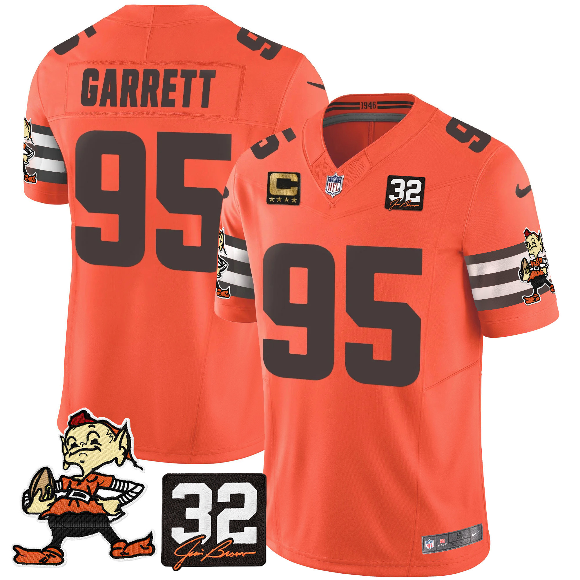 Myles Garrett Men's Cleveland Browns #32 Jim Brown Memorial Patch Vapor Limited Orange Jersey - All Stitched