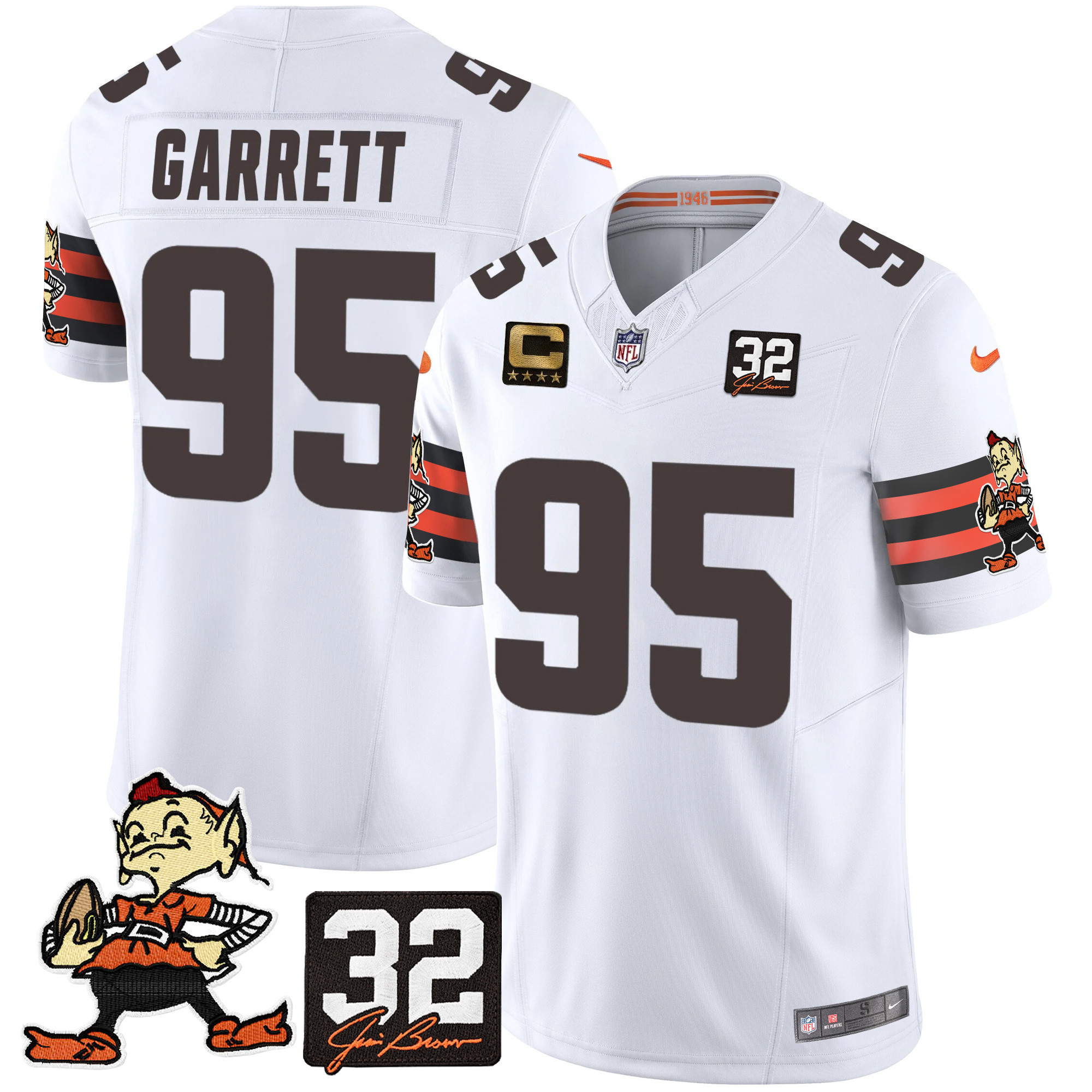 Myles Garrett Men's Cleveland Browns #32 Jim Brown Memorial Patch Vapor Limited White Jersey - All Stitched