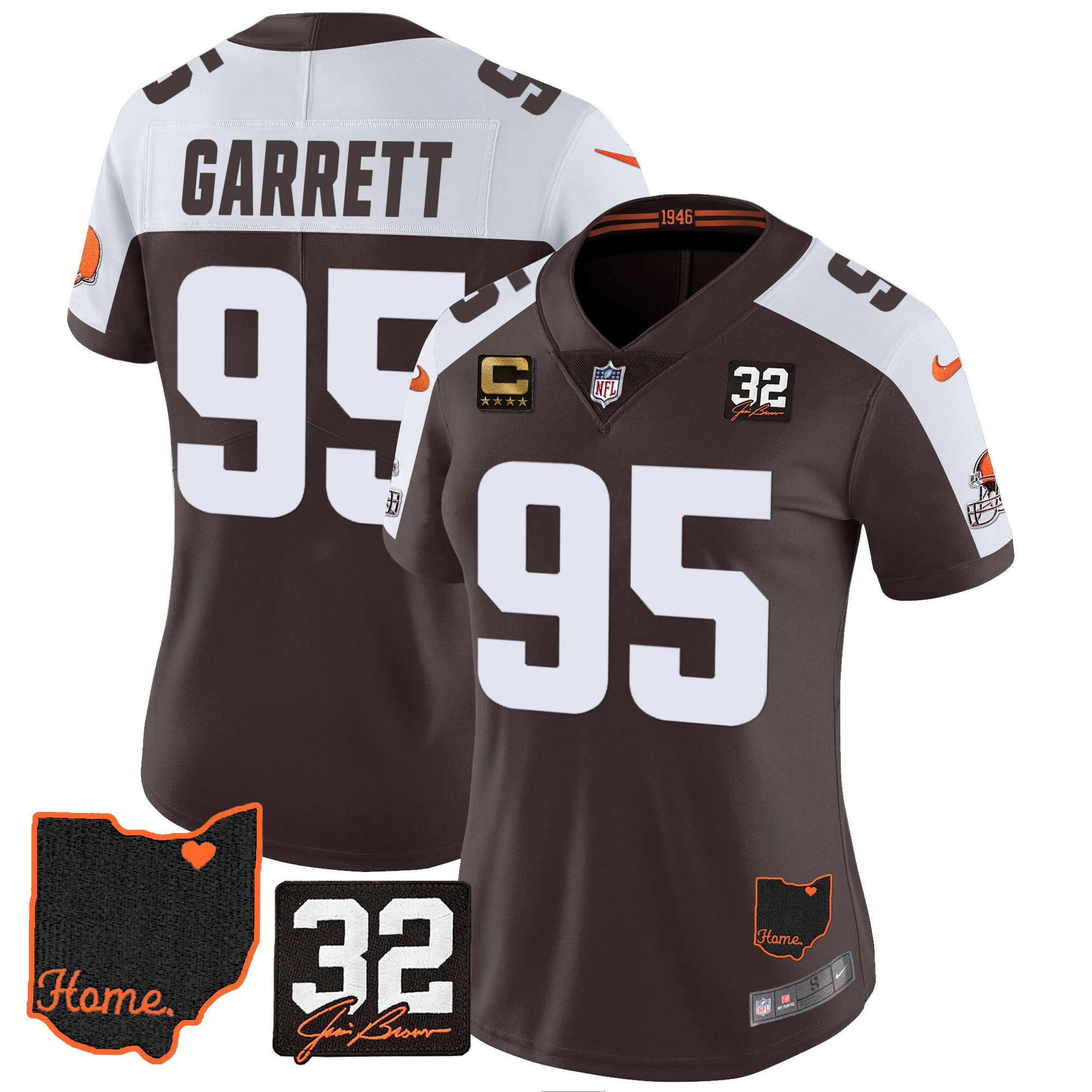 Myles Garrett Women's Cleveland Browns #32 Jim Brown Memorial & Home Patch Alternate Jersey - All Stitched