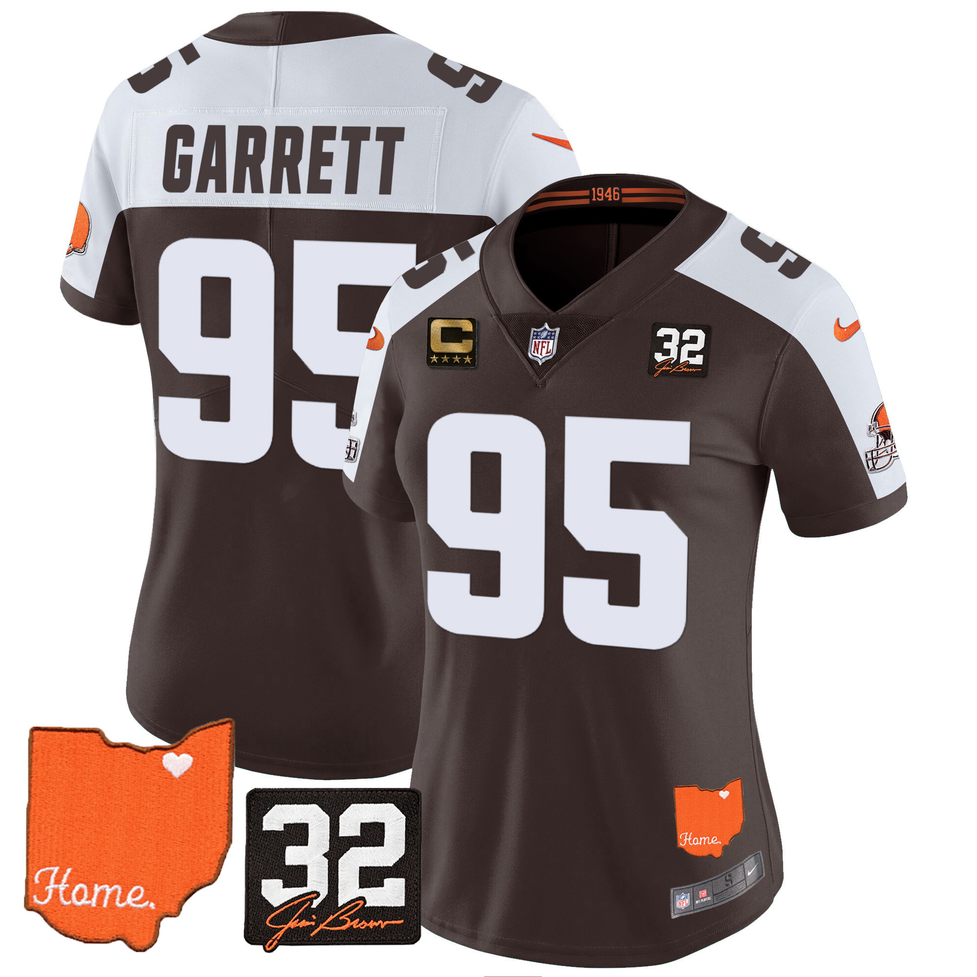 Myles Garrett Women's Cleveland Browns #32 Jim Brown Memorial & Home Patch Alternate Jersey - All Stitched