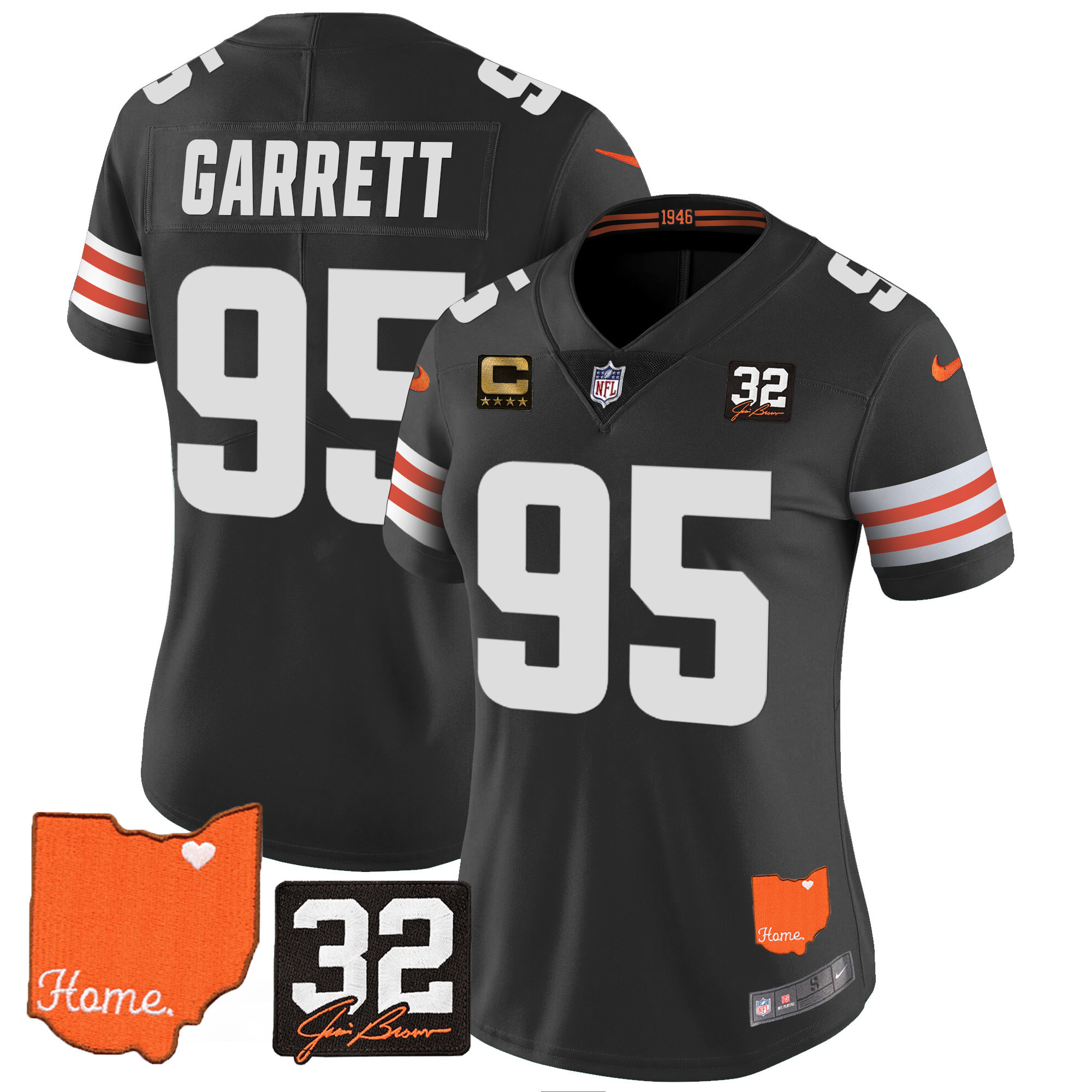 Myles Garrett Women's Cleveland Browns #32 Jim Brown Memorial & Home Patch Black Jersey - All Stitched
