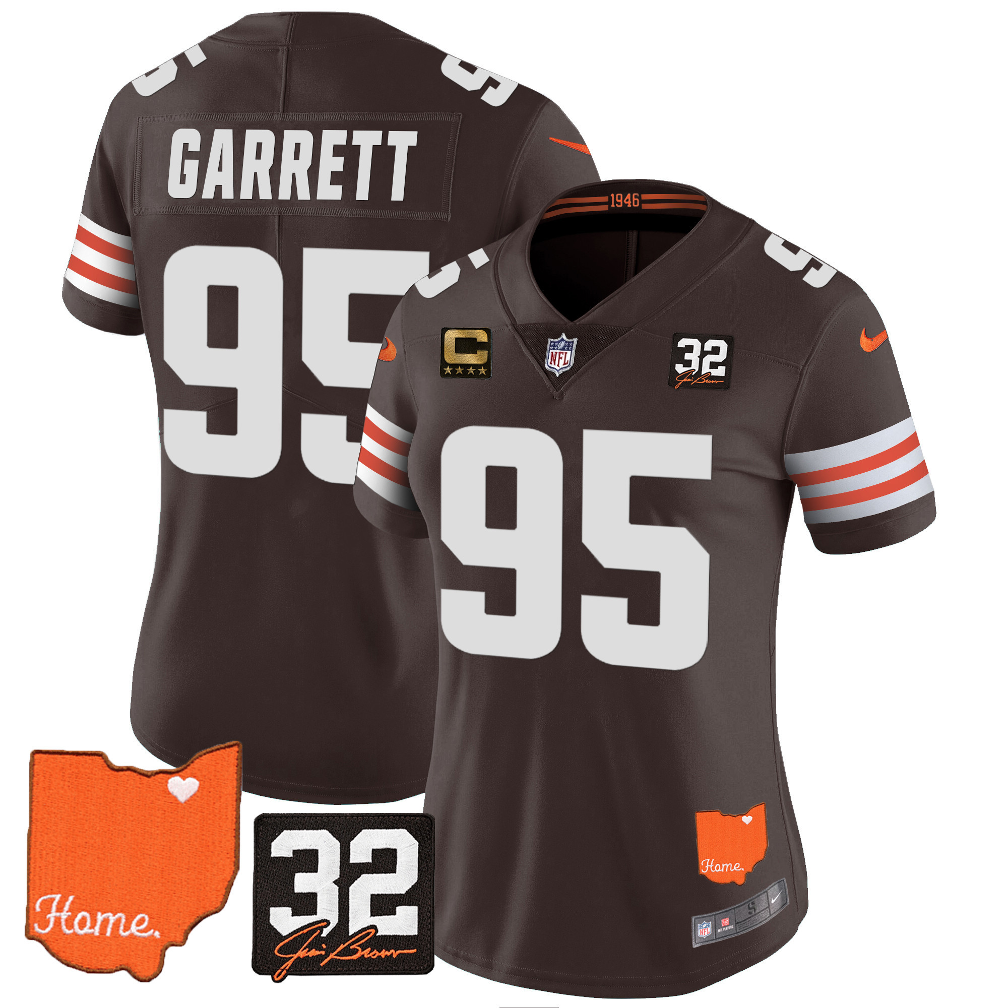 Myles Garrett Women's Cleveland Browns #32 Jim Brown Memorial & Home Patch Brown Jersey - All Stitched