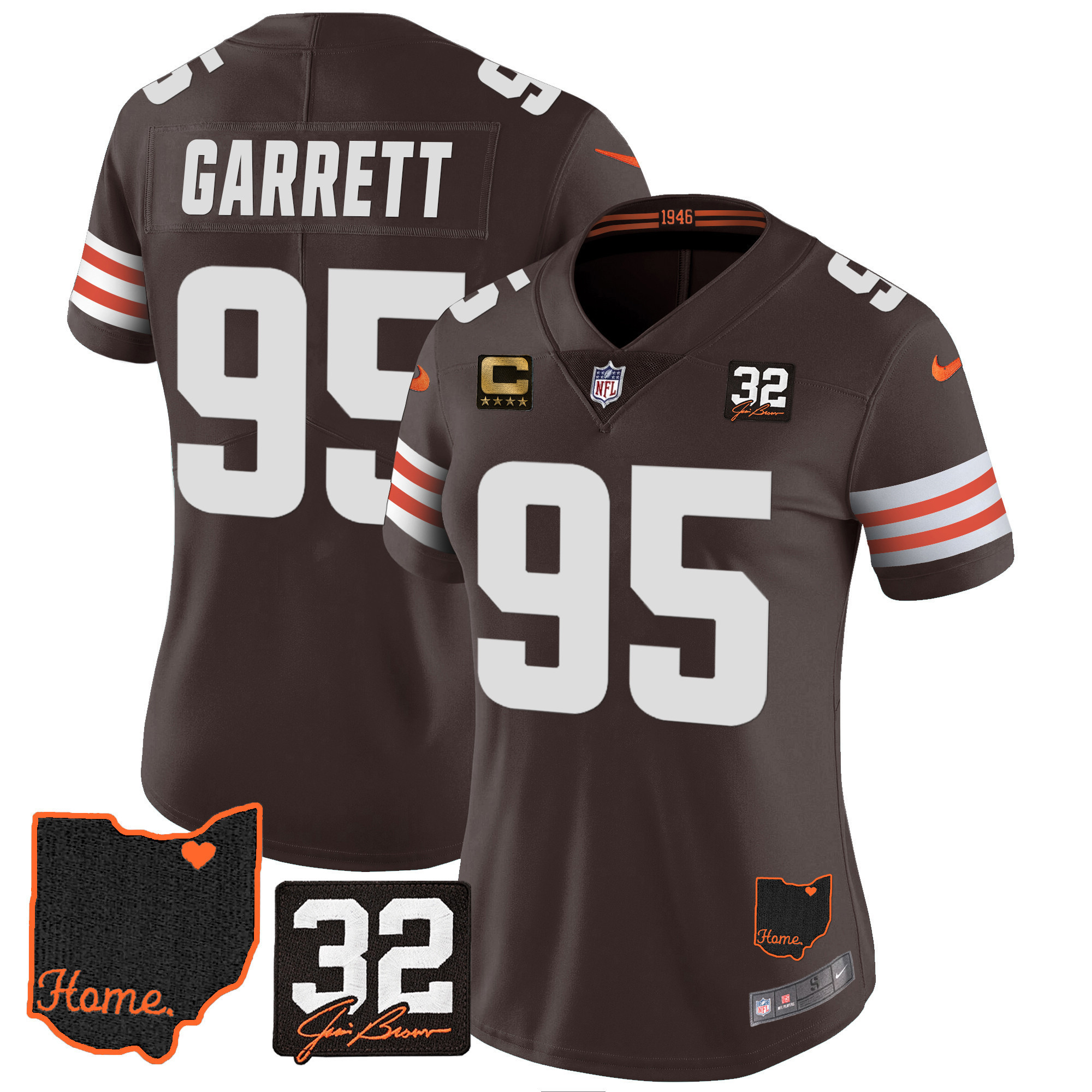 Myles Garrett Women's Cleveland Browns #32 Jim Brown Memorial & Home Patch Brown Jersey - All Stitched
