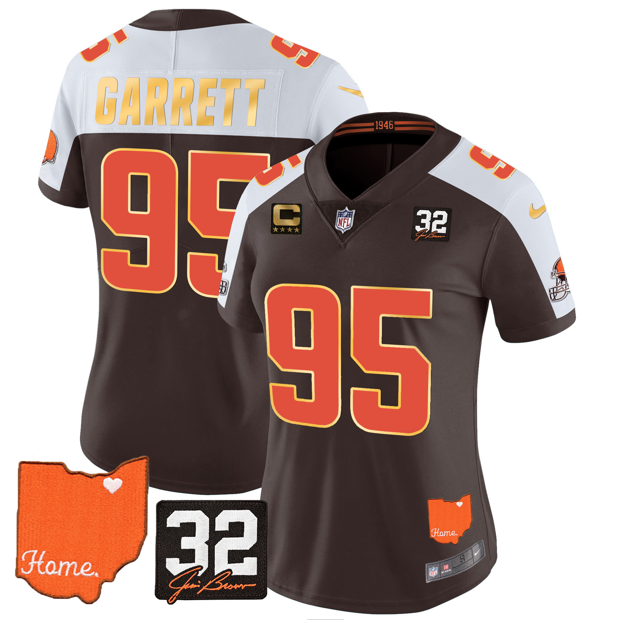 Myles Garrett Women's Cleveland Browns #32 Jim Brown Memorial & Home Patch Gold Trim Alternate Jersey - All Stitched